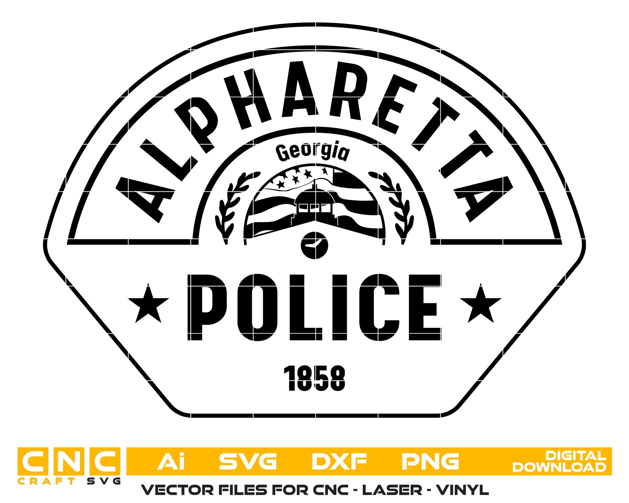 Alpharetta GA Police Department Patch SVG
Georgia Law Enforcement Patch Vector
American Flag Police Engraving File
Alpharetta Police 1858 Sign CNC File
Law Enforcement Patch Vector for Lasers