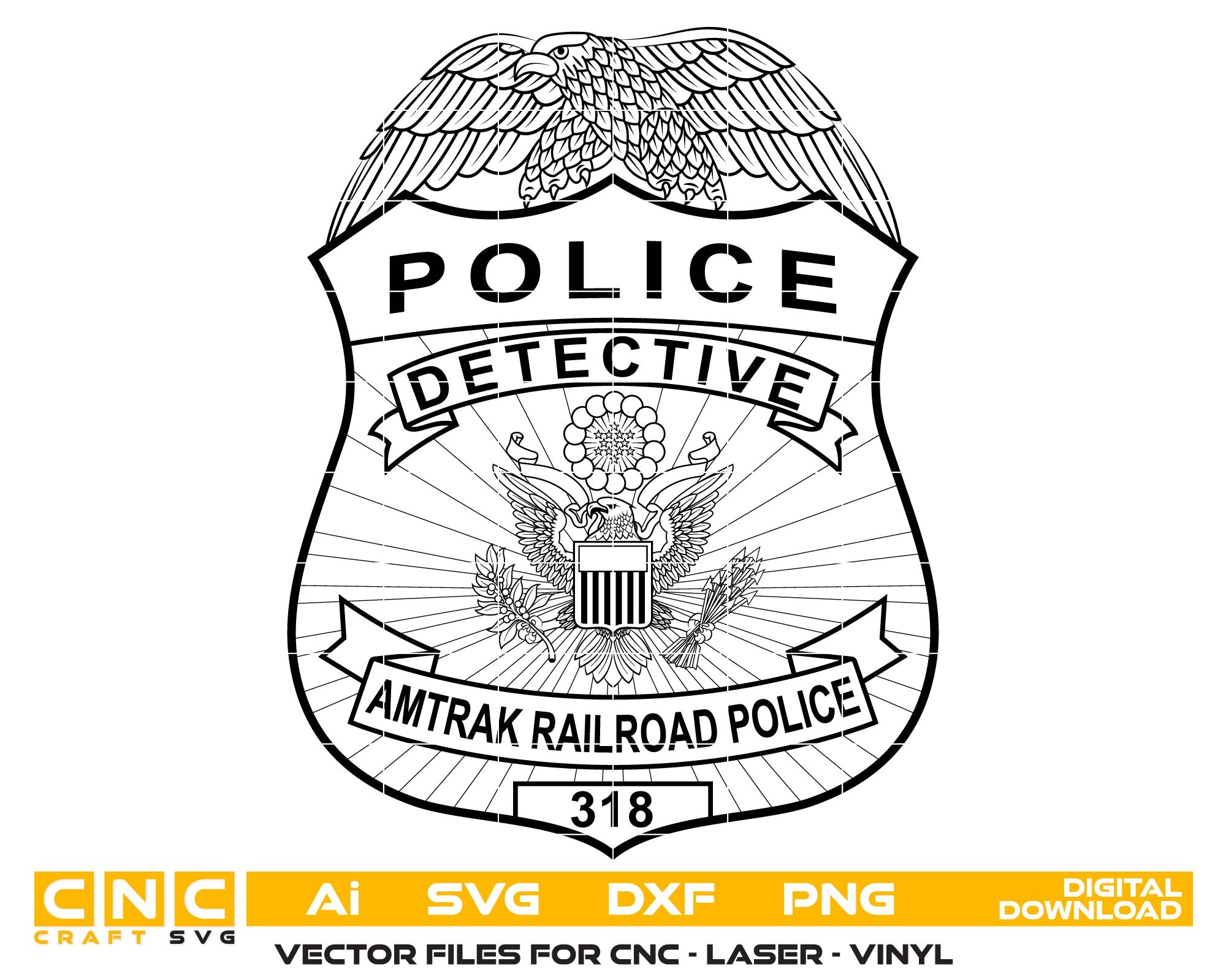 Amtrak Railroad Police Badge SVG for CNC
Detective Shield Vector Design for Laser Engraving
Amtrak Police Emblem for CNC Wood Carving