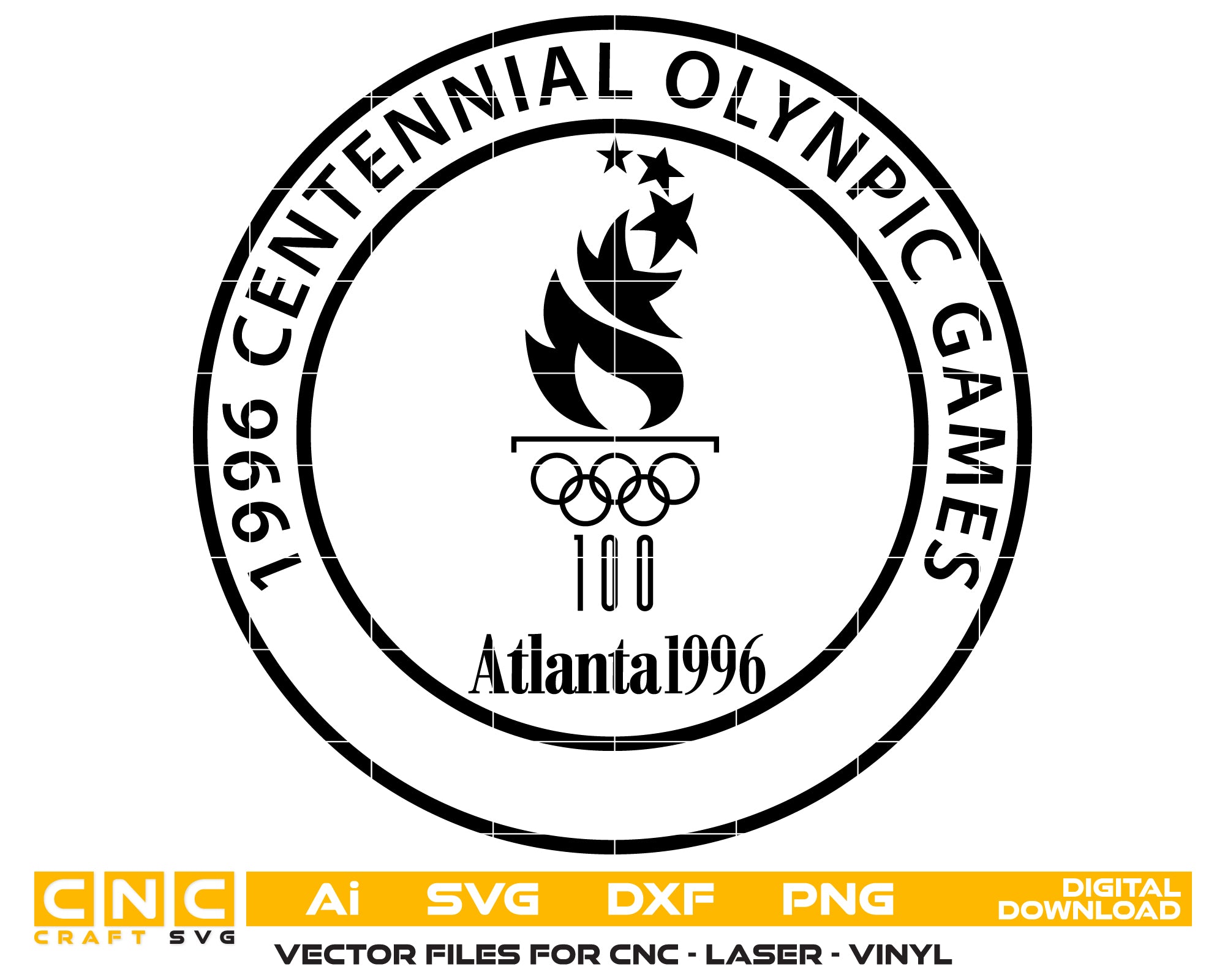 Atlanta 1996 Centennial Olympic Games SVG
Historic Sports Event Logo Vector
1996 Olympic Torch Rings Engraving File
Centennial Games Badge Sign CNC File
Retro Sports Memorabilia Vector for Lasers