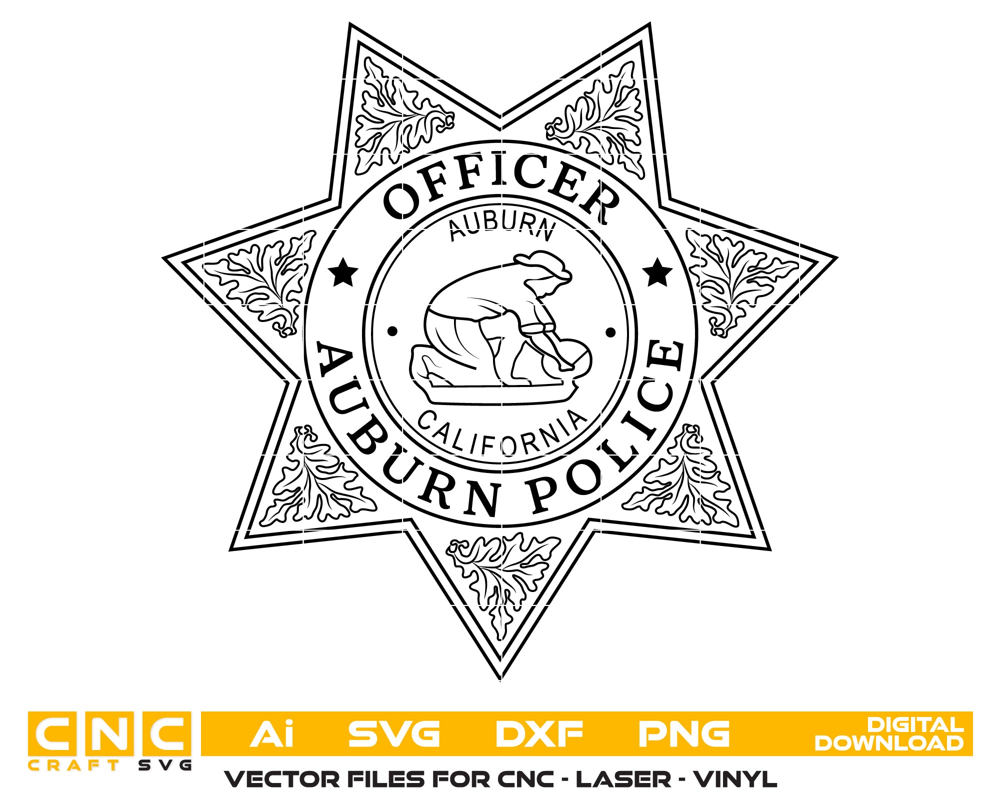 Auburn CA Police Officer Badge SVG
California Law Enforcement Star Vector
Gold Miner Seal Engraving File
Oak Leaf Police Badge Sign CNC File
Police Star Vector for Laser Engraving