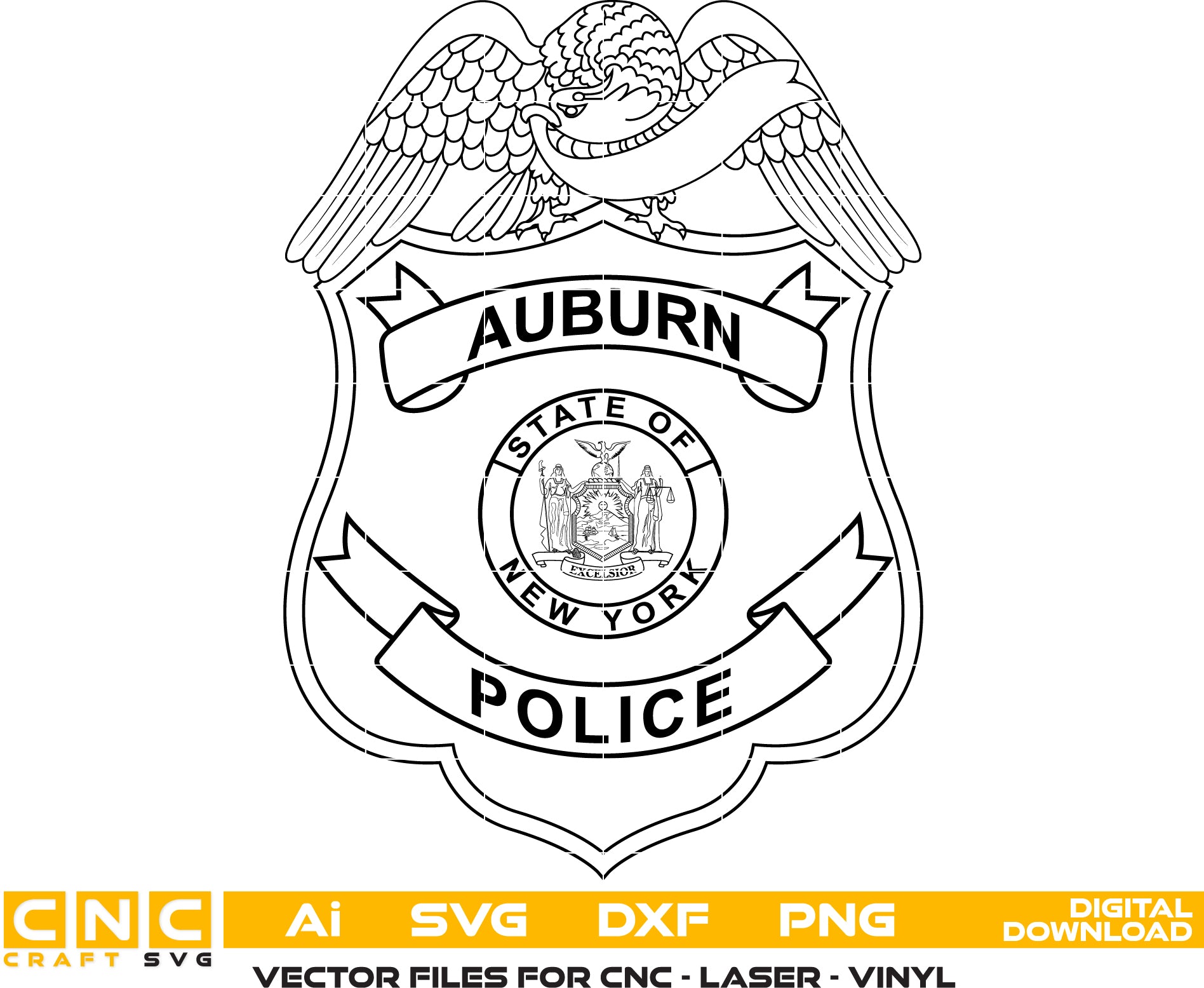 Auburn Police Department Badge SVG
New York Law Enforcement Vector Design
State of New York Seal Police Emblem
Auburn NY Police Shield Engraving File
Eagle Top Police Badge CNC File