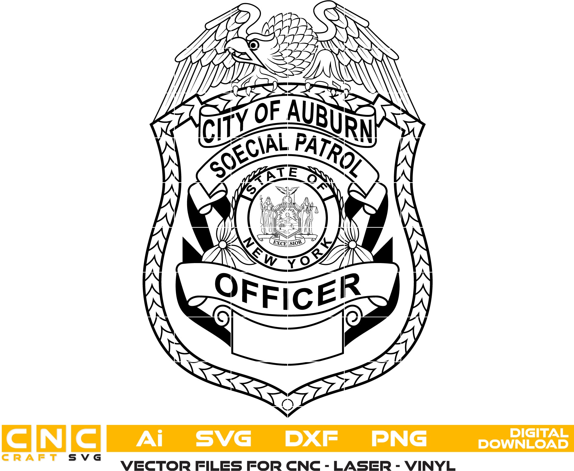 Auburn Police Special Patrol Badge SVG
New York Law Enforcement Vector Design
State of New York Seal Police Emblem
Special Patrol Officer Shield Engraving File
Eagle Top Police Badge CNC File
