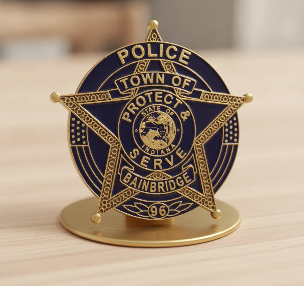 Bainbridge IN Police Department Badge SVG
Indiana Law Enforcement Star Vector
State of Indiana Seal Engraving File
5 Point Star Police Badge CNC File
Protect and Serve Vector for Lasers