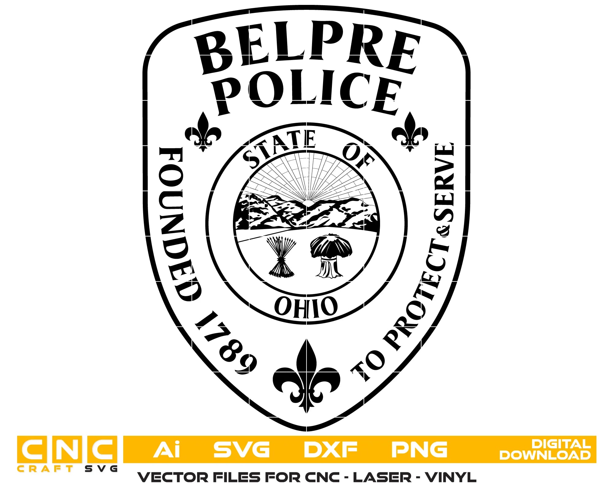Belpre Police Department Patch SVG
Ohio Law Enforcement Vector
Police Shield State Seal Emblem
Officer Plaque Engraving File
Belpre Police Sign CNC File