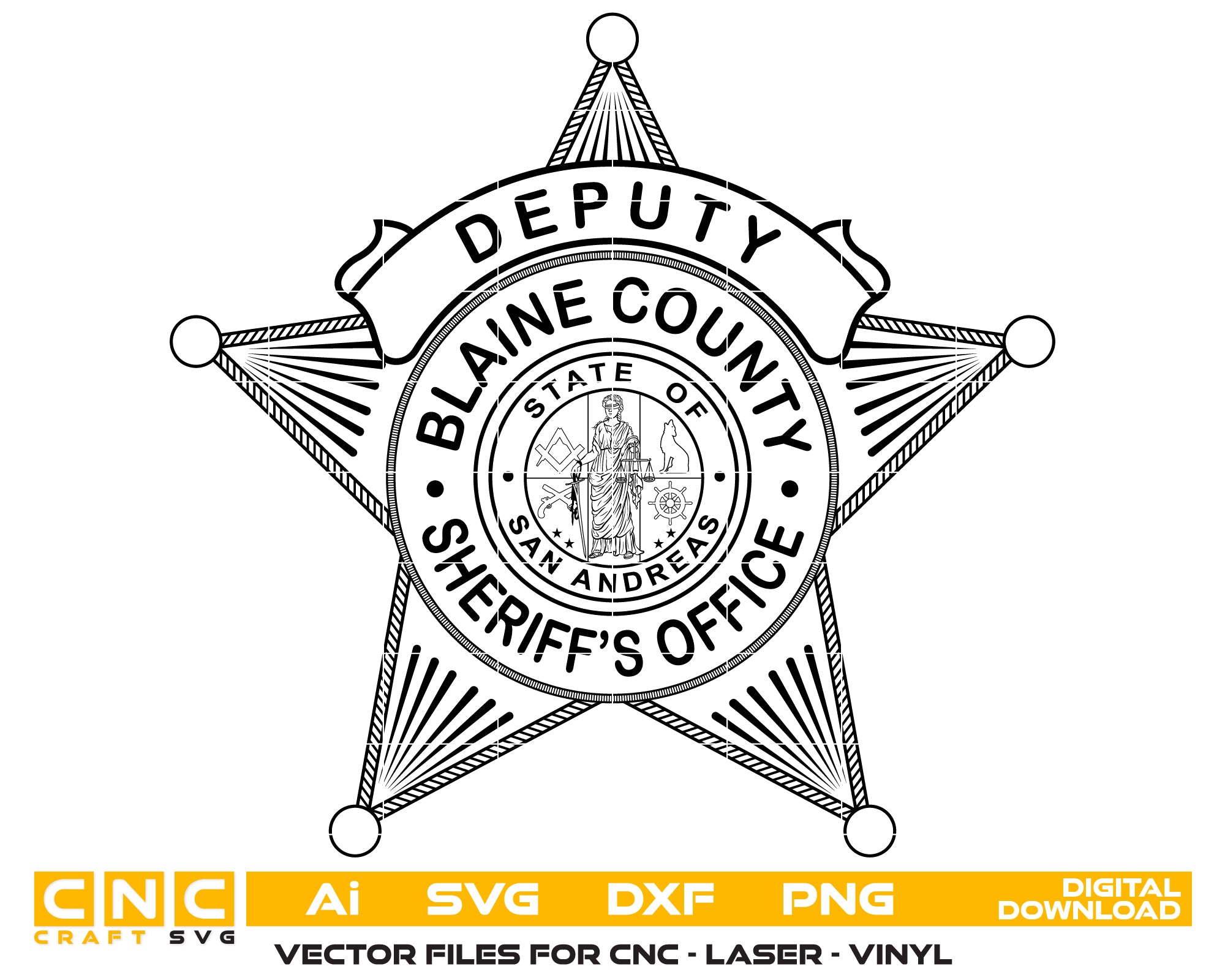 Blaine County Deputy Sheriff Badge SVG
San Andreas Law Enforcement Vector Design
Eagle and Star Police Badge Engraving File
Blaine County Sheriff Sign CNC File
Fictional Gaming Sheriff Badge Vector for Lasers