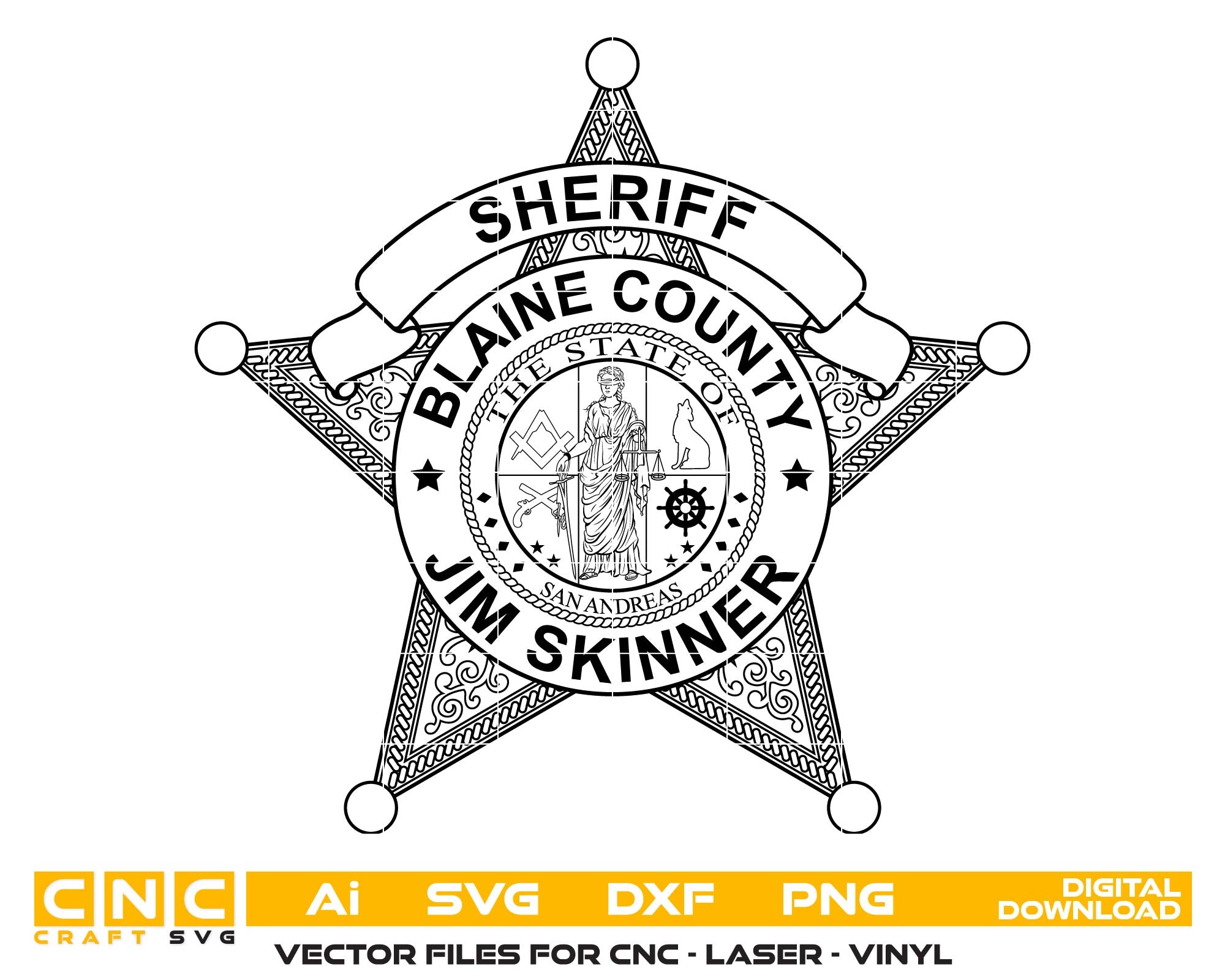 Blaine County Sheriff Badge SVG
San Andreas Law Enforcement Vector
Fictional Sheriff 6-Point Star Emblem
Gaming Community Plaque Engraving Design
Jim Skinner Badge CNC Vector File
