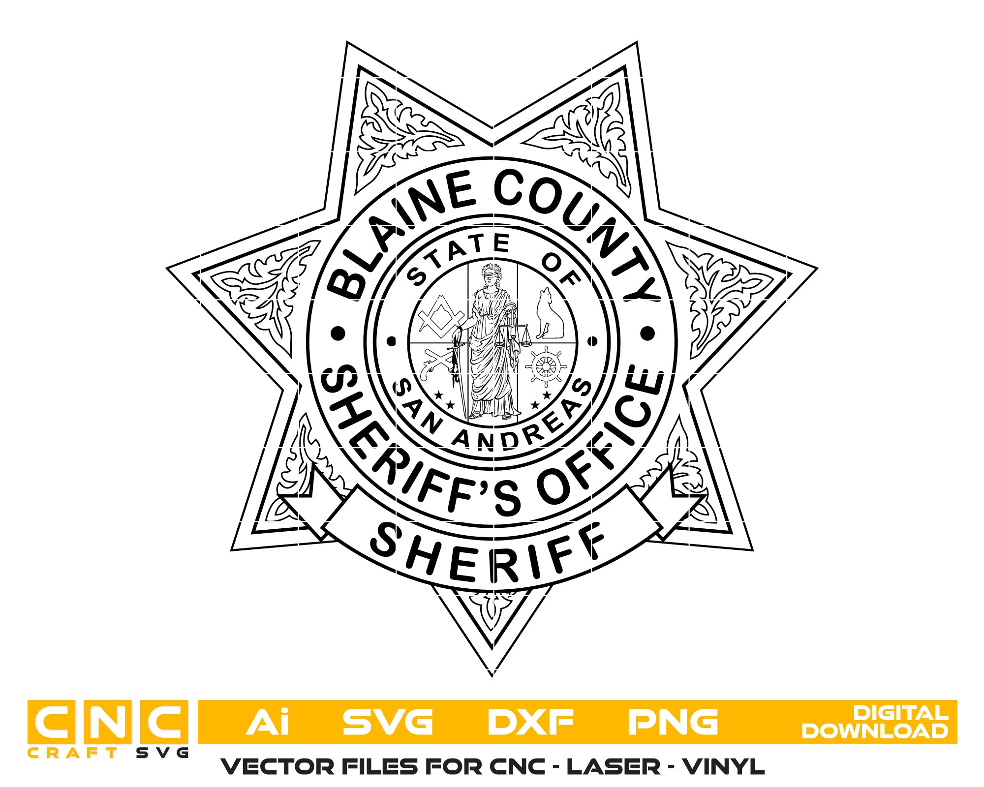 Blaine County Sheriff Badge SVG
San Andreas Law Enforcement Vector
7-Point Star Sheriff Badge Engraving File
Blaine County San Andreas Sign CNC File
Fictional Gaming Sheriff Star Vector