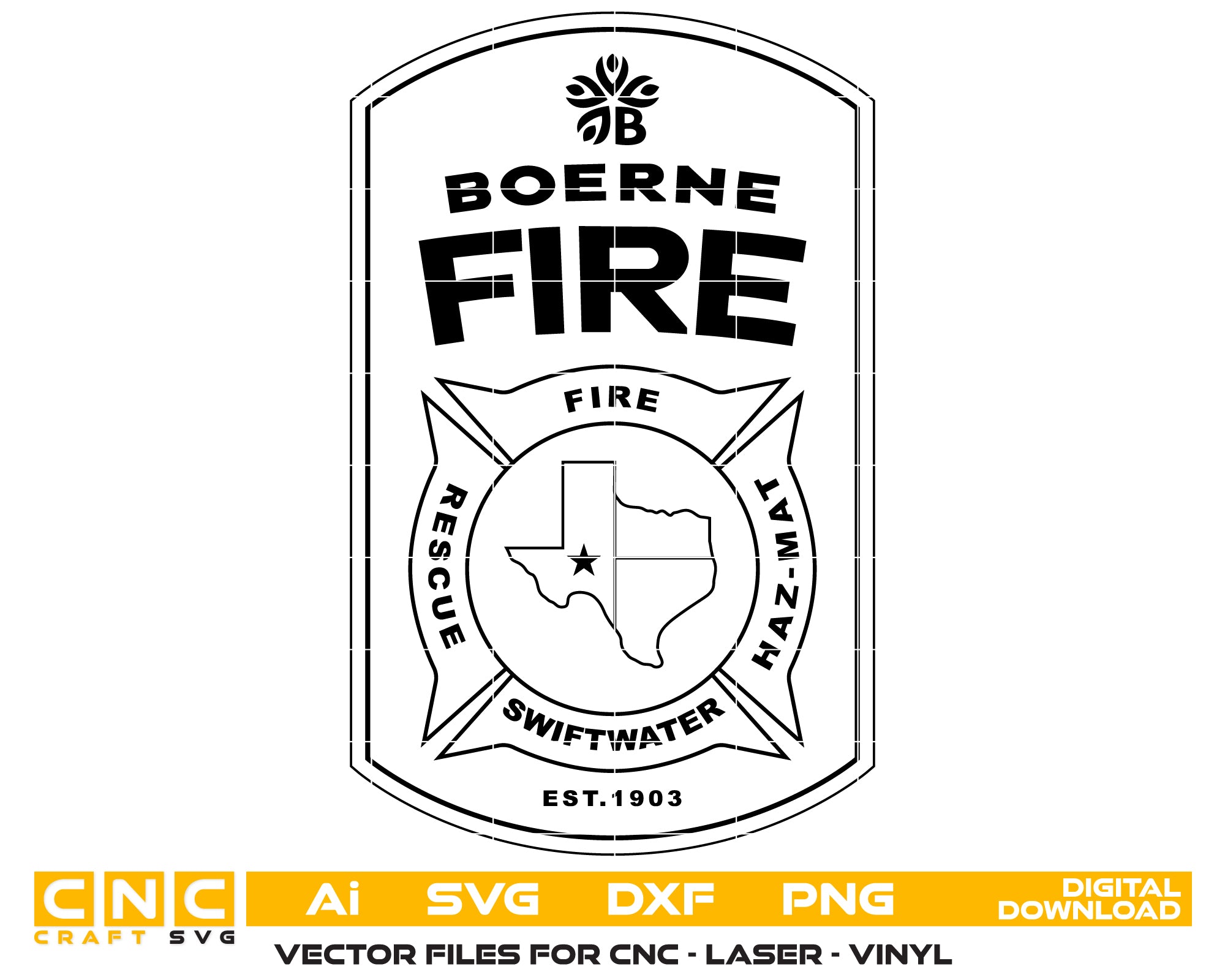 Boerne TX Fire Department Patch SVG
Texas Firefighter Maltese Cross Vector
State of Texas Outline Engraving File
Boerne Fire Rescue Sign CNC File
Fire Station Patch Vector for Lasers