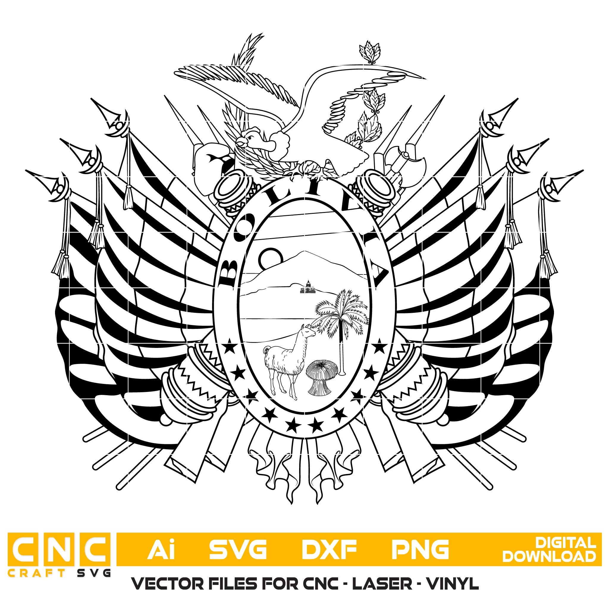 Coat of Arms of Bolivia SVG for CNC
Bolivia National Emblem Vector for Laser Engraving
Bolivian Shield Emblem for Wood Carving
Professional Bolivia Coat of Arms Vector Design
Bolivia SVG Emblem Logo for CNC Router Projects