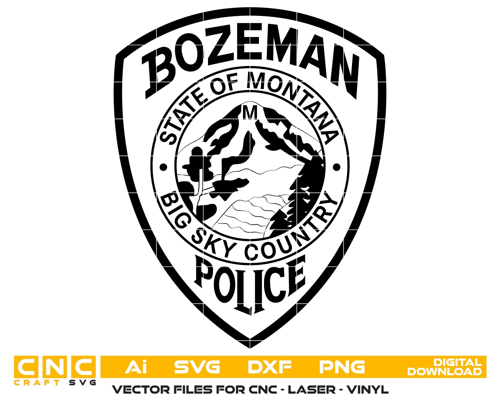 Bozeman Police Department Patch SVG
Montana Big Sky Country Police Vector
Bozeman Police Mountain Logo with M
Law Enforcement Patch for Engraving
Montana Police Shield CNC File
