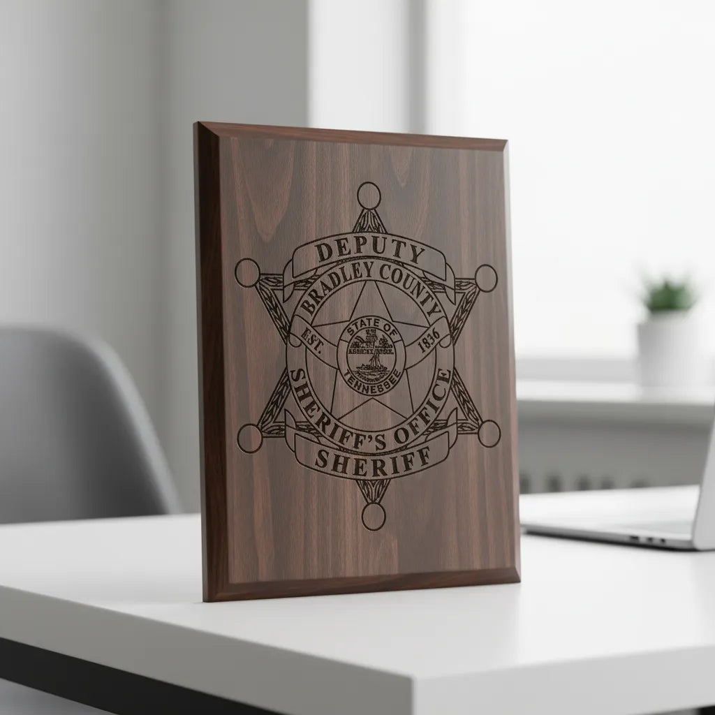 Bradley County Deputy Sheriff Badge SVG
Tennessee Law Enforcement Vector Design
Six Pointed Star Sheriff Badge Engraving File
Bradley County TN Police Sign CNC File
Tennessee State Seal Badge Vector for Lasers