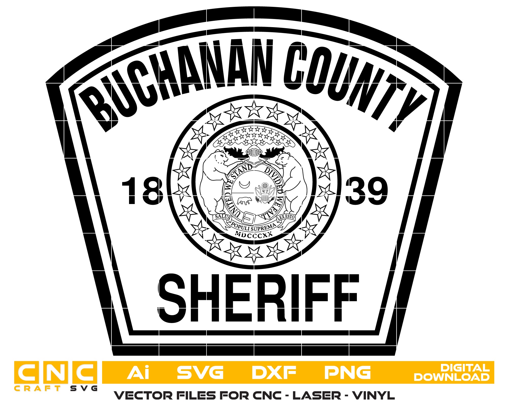 Buchanan County Sheriff Badge SVG
Missouri Law Enforcement Vector Design
Great Seal of Missouri Police Emblem
Sheriff Badge Engraving File
Buchanan County Shield CNC File