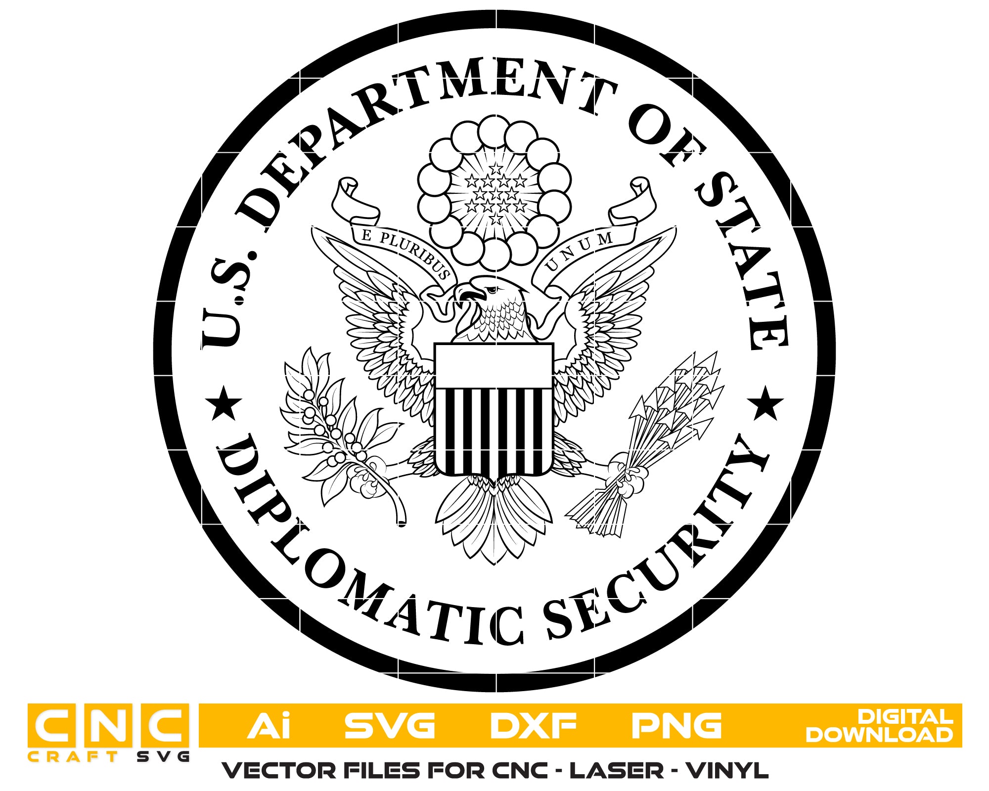 Bureau of Diplomatic Security Logo SVG for CNC
DSS Department of State Vector for Laser Engraving
Diplomatic Security Service Emblem for Wood Carving
Professional DSS Law Enforcement Logo Design
Bureau of Diplomatic Security SVG for CNC Router Projects