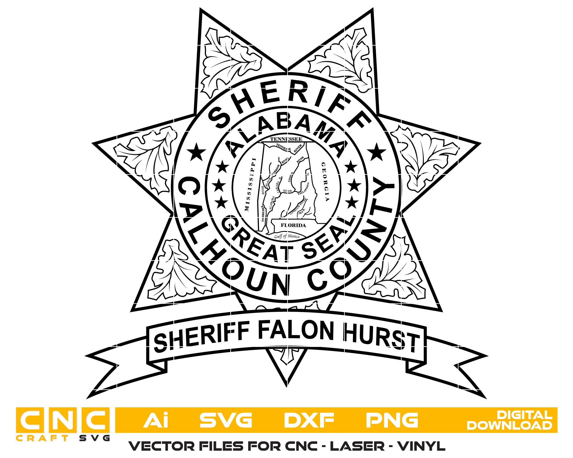 Calhoun County AL Sheriff Badge SVG
Alabama Law Enforcement Star Vector
Great Seal of Alabama Map Engraving
Oak Leaf Sheriff Star Sign CNC File
Custom Name Banner Vector for Lasers