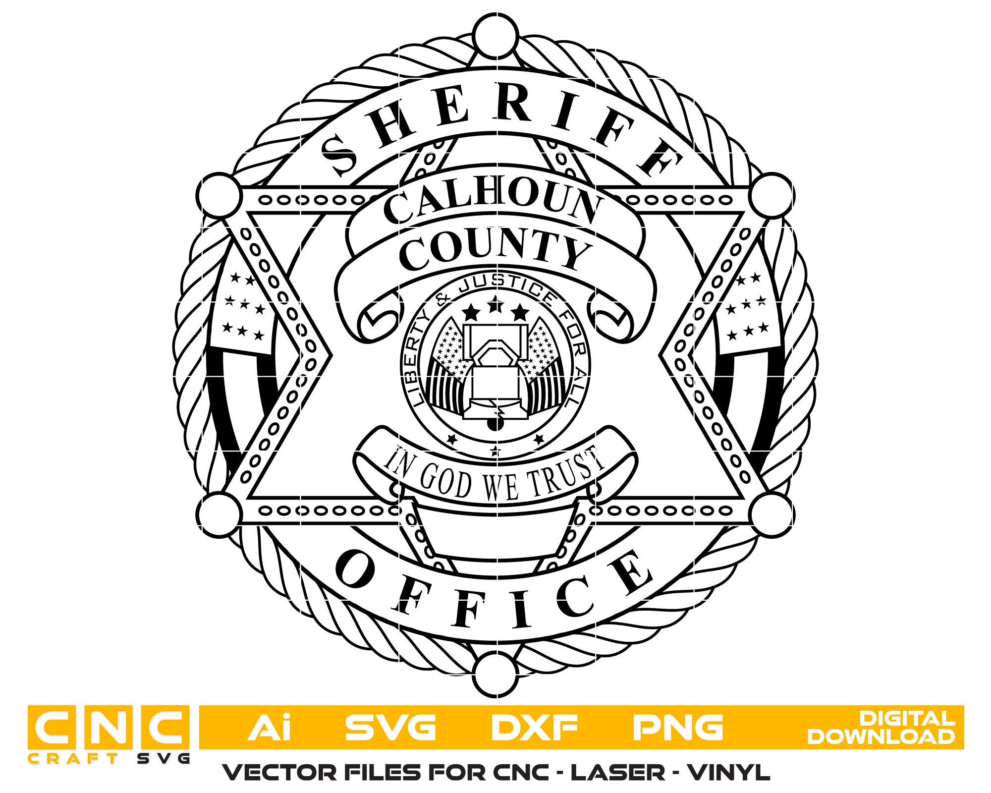 Calhoun County FL Sheriff Office Badge SVG
Florida Law Enforcement Star Vector
Liberty Bell Seal Engraving File
Twisted Rope Sheriff Badge CNC File
Police Star Vector for Laser Engraving