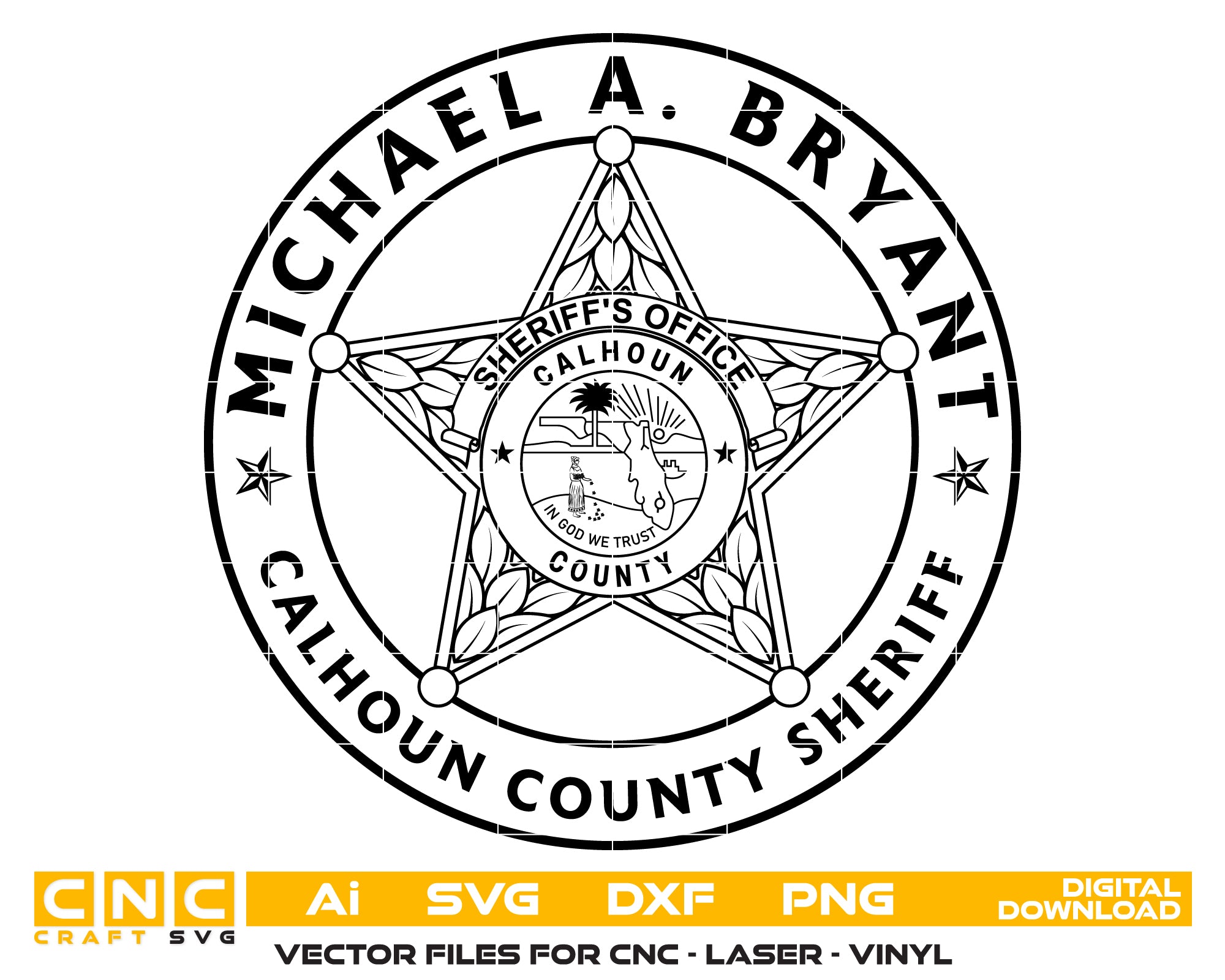 Calhoun County Sheriff Badge SVG
Florida Law Enforcement Vector Design
State of Florida Seal Police Emblem
Sheriff Star Badge Engraving File
Calhoun County Florida CNC File