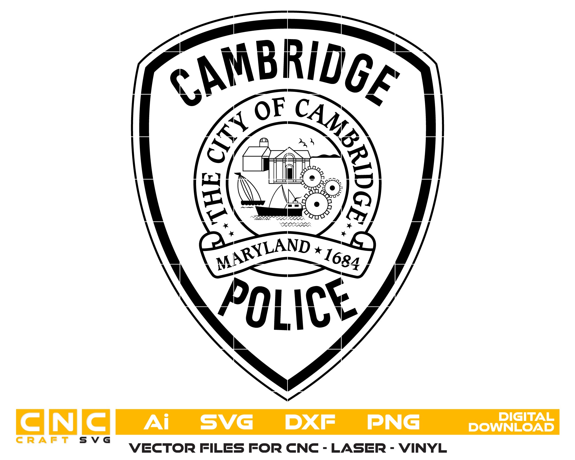 Cambridge Police Department Patch SVG
Maryland City Police Badge Vector
City of Cambridge MD Seal Design
Law Enforcement Patch for Engraving
Cambridge Police Emblem CNC File