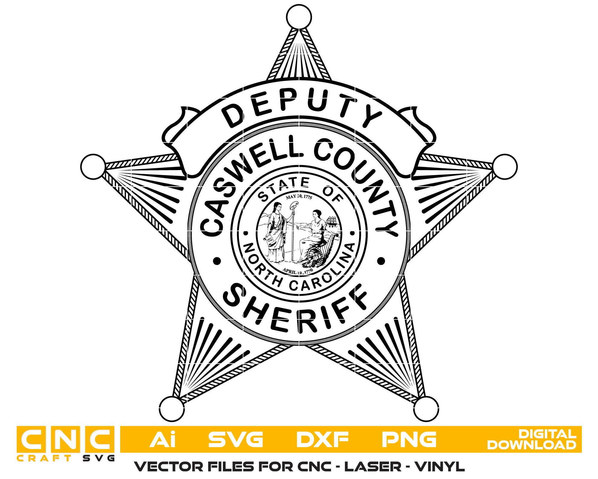 Caswell County Deputy Sheriff Badge SVG
North Carolina Law Enforcement Vector
Sheriff Office 5-Point Star Emblem
Deputy Plaque Engraving File
Caswell County Sign CNC File