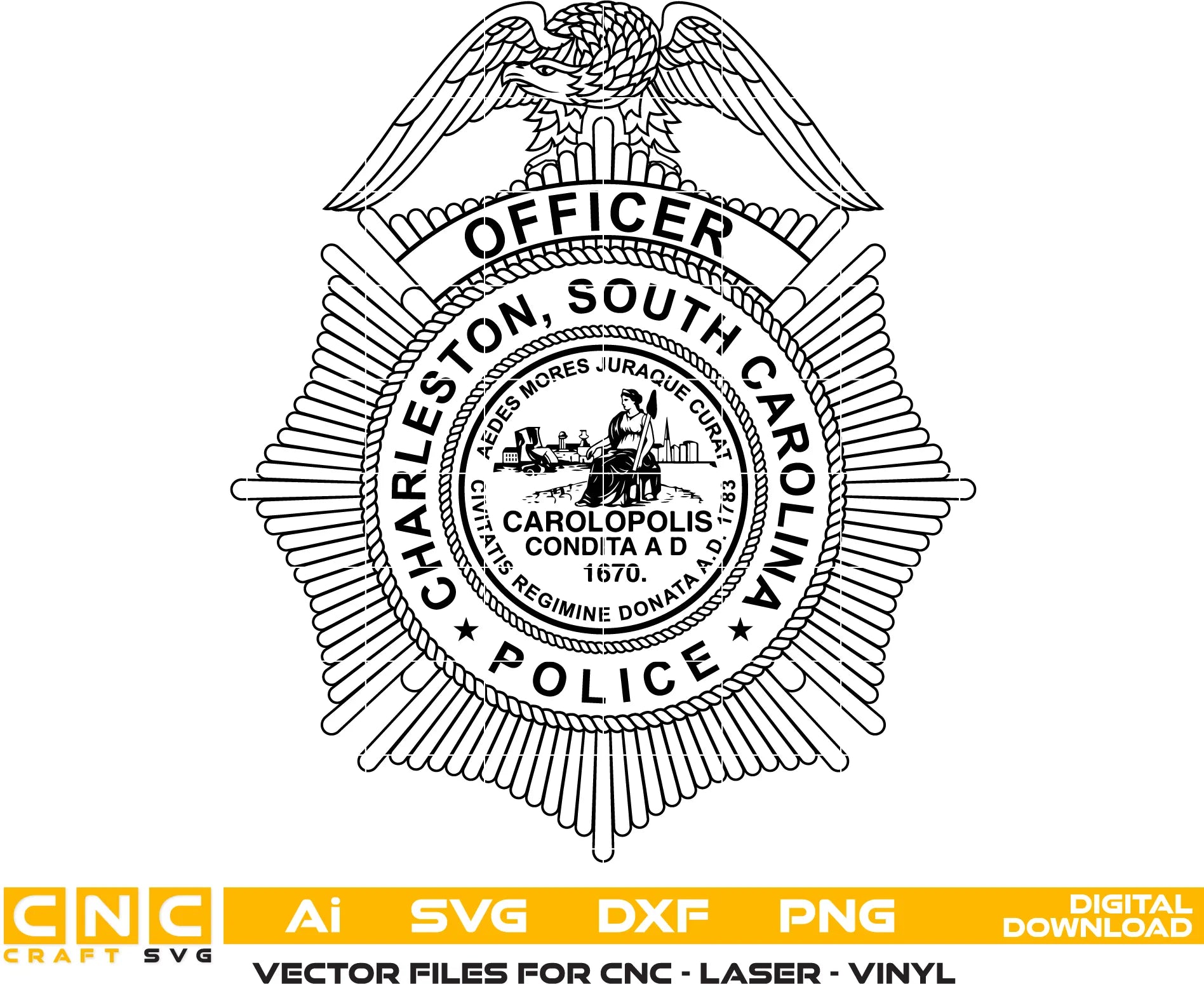 Charleston Police Officer Badge SVG
South Carolina Law Enforcement Vector Design
Eagle Sunburst Police Badge Engraving File
Charleston SC Police Sign CNC File
Historic City Seal Badge Vector for Laser Cutting