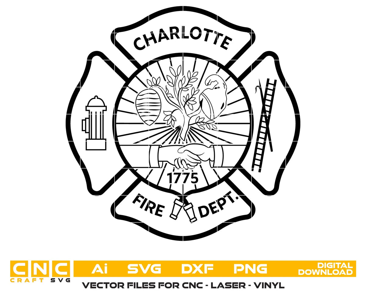 Charlotte Fire Department Logo SVG, Charlotte Fire Dept Vector, Charlotte Firefighter Emblem SVG, Fire Department Maltese Cross SVG, Firefighter Logo Vector, Fire Department Engraving File