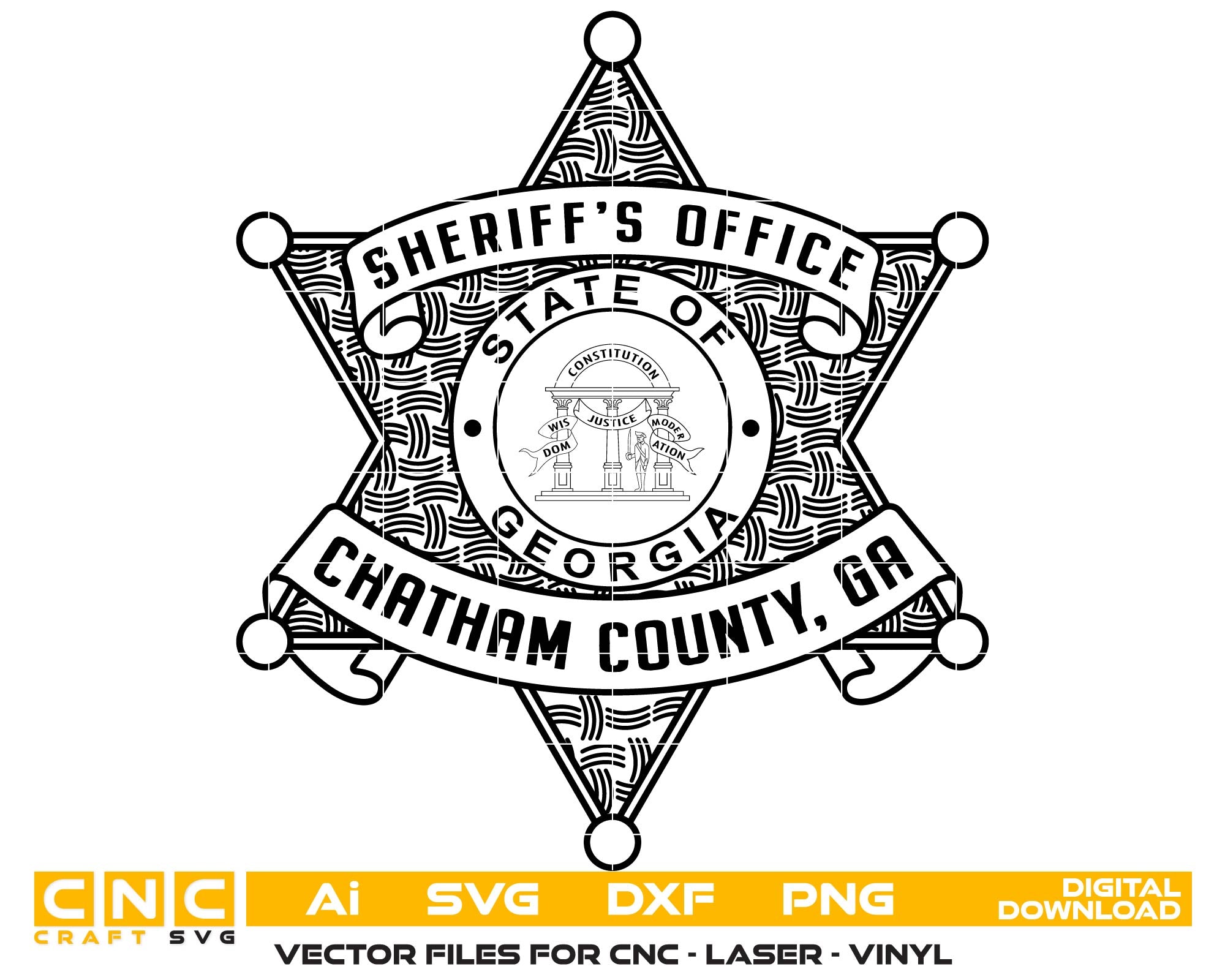 Chatham County Georgia Sheriff SVG
Georgia State Star Badge Vector Design
Chatham County GA PD Emblem for CNC Engraving
Sheriff Office Badge SVG for Laser Cut
GA Law Enforcement Badge Vector