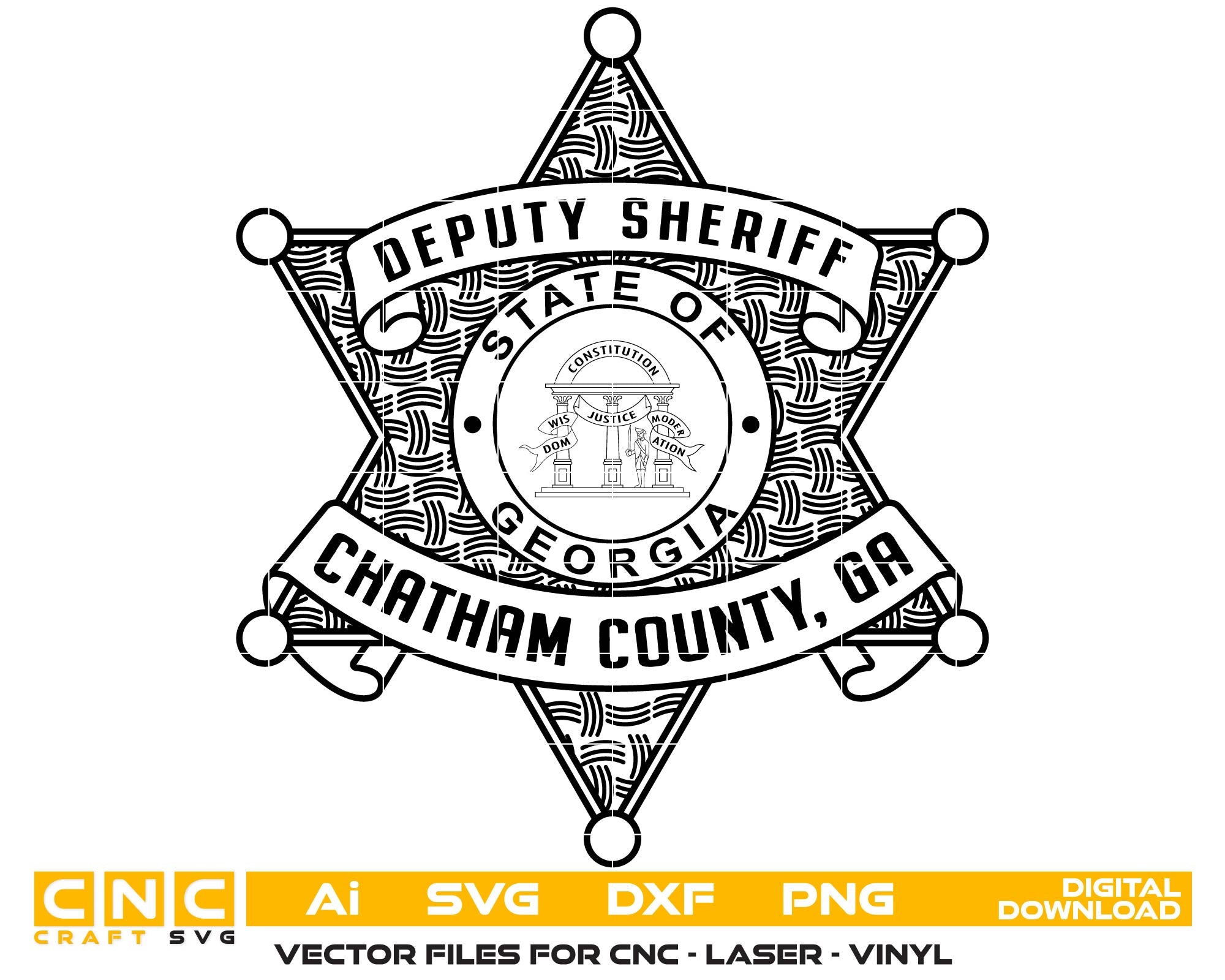 Chatham County Georgia Deputy Sheriff SVG
Georgia State Star Badge Vector Design
Chatham County GA PD Emblem for CNC Engraving
Deputy Sheriff Badge SVG for Laser Cut
GA Law Enforcement Badge Vector