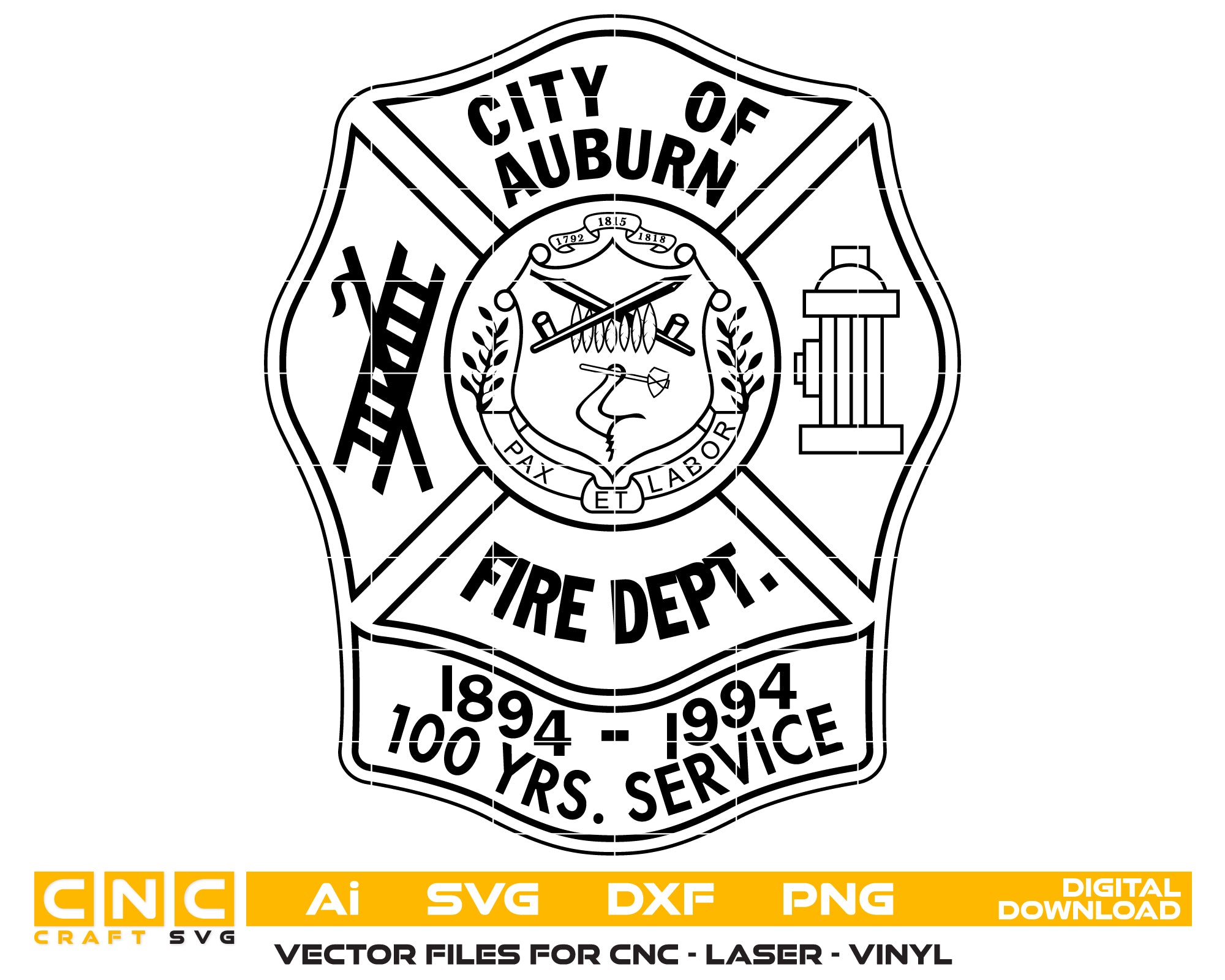 City of Auburn NY Fire Dept Patch SVG
New York Firefighter Shield Vector
Pax Et Labor Seal Engraving File
Centennial Fire Patch Sign CNC File
Fire Station Plaque Vector for Lasers