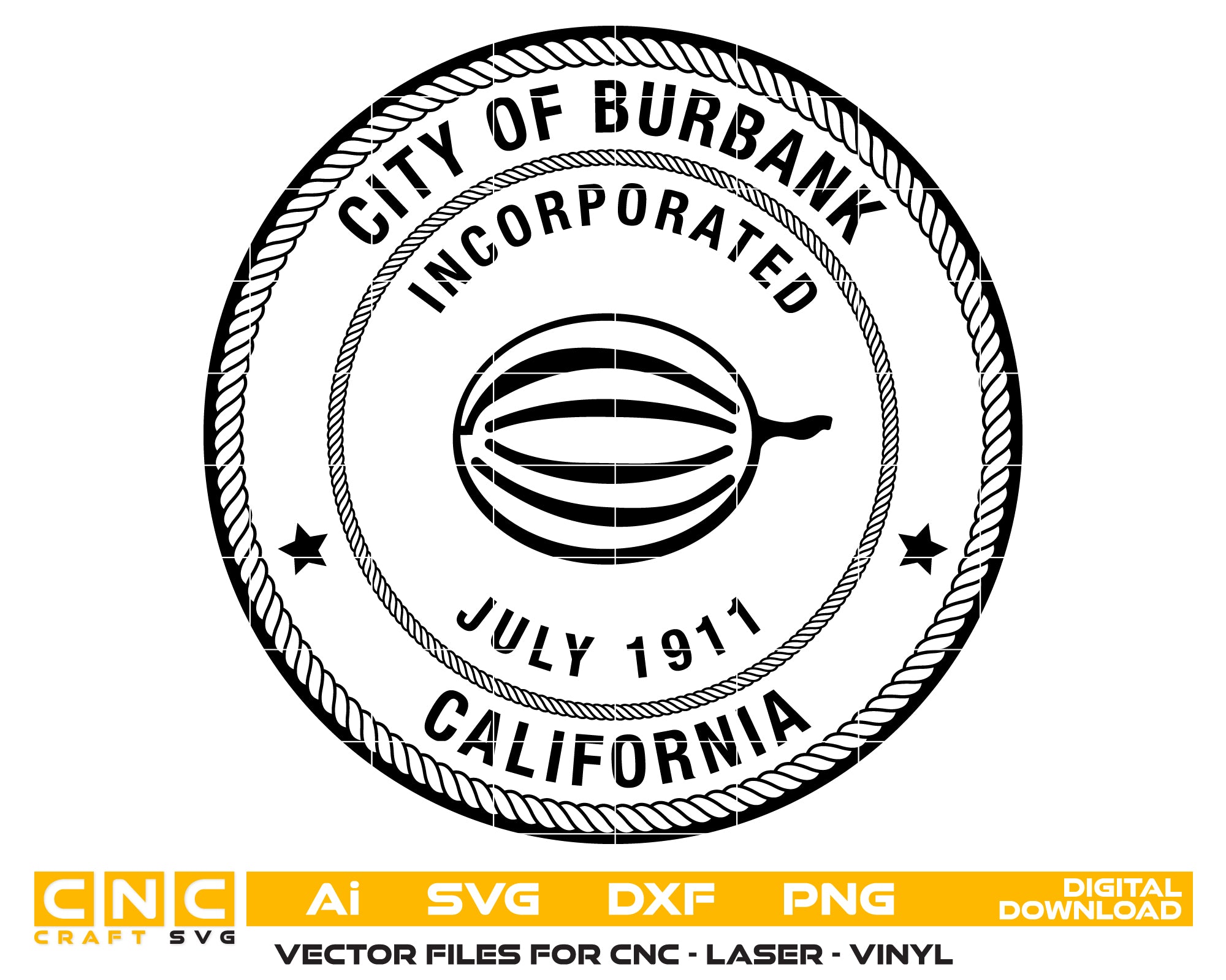 City of Burbank CA Seal Logo SVG
California Municipal Seal Engraving File
Burbank Cantaloupe Melon Vector
Rope Border City Plaque Sign CNC File
City of Burbank California Crest for Lasers