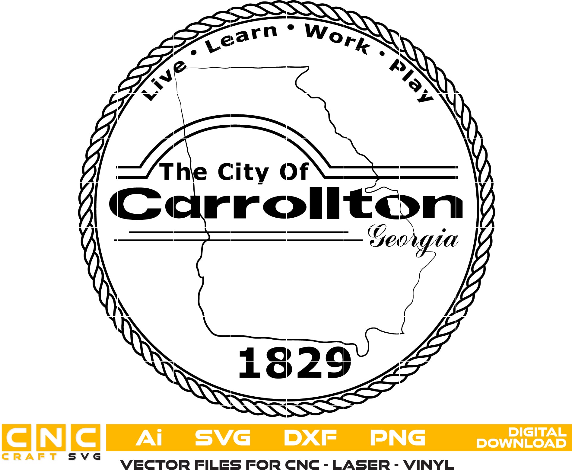 City of Carrollton Georgia Seal SVG
Georgia Municipal Vector Design
Carrollton State Outline Engraving File
City Government Sign CNC File
Rope Border City Seal Vector for Laser Cutting