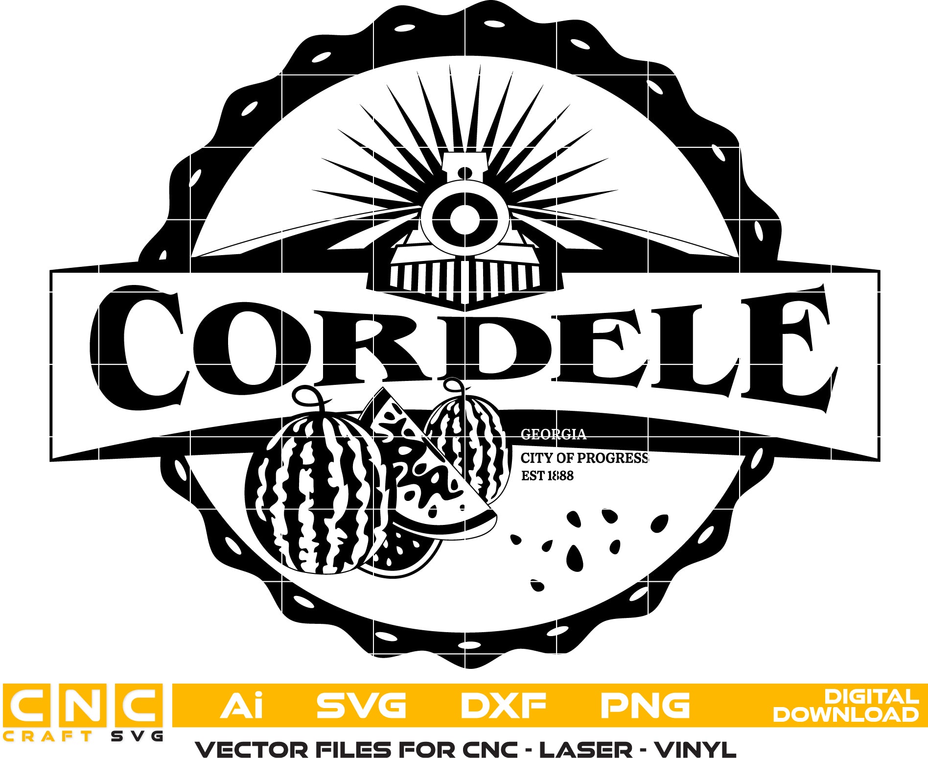 City of Cordele GA Municipal Seal SVG
Georgia Town Civic Seal Vector
Cordele Train Watermelon Engraving File
City of Progress Sign CNC File
Municipal Civic Logo Vector for Lasers