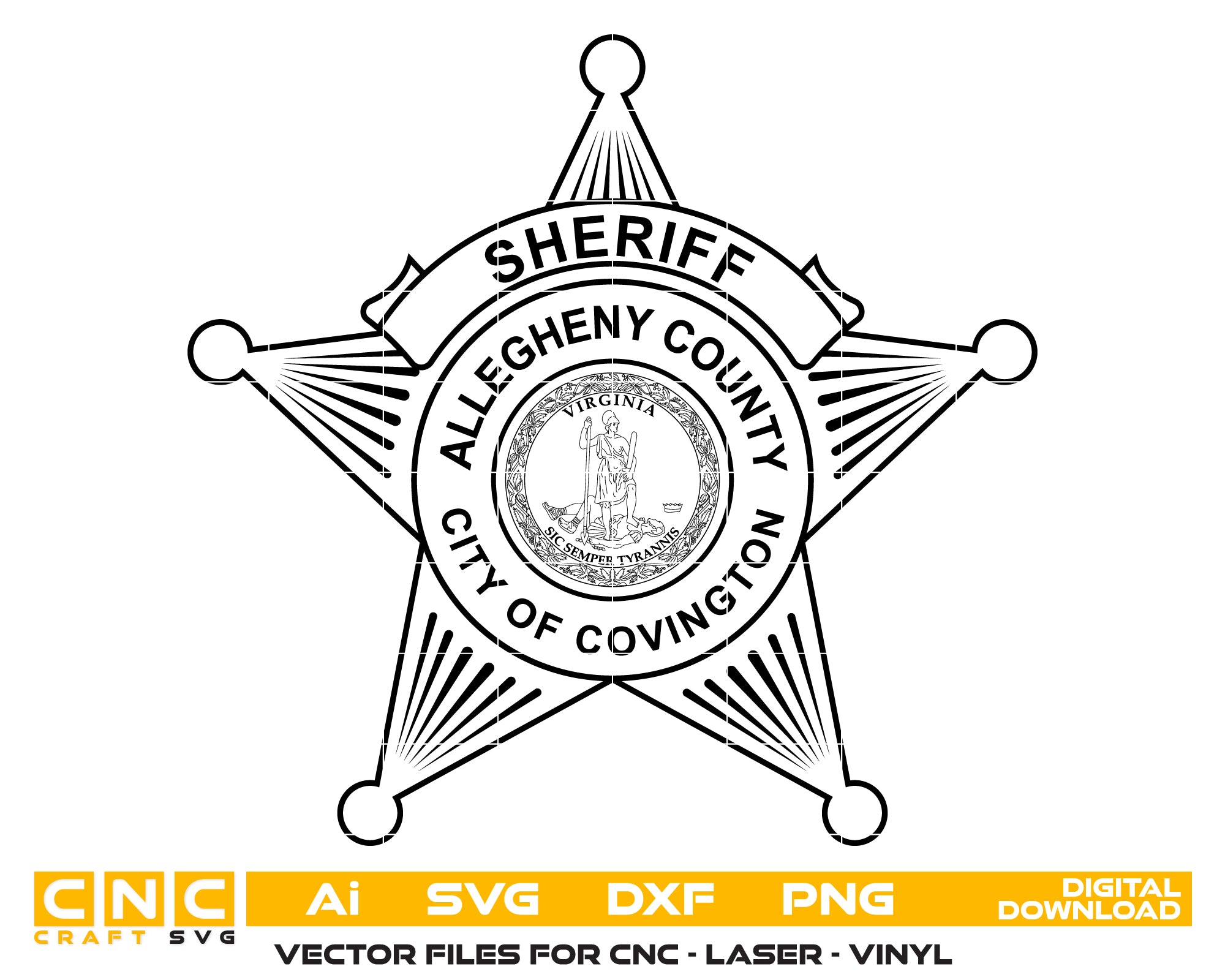 City of Covington Sheriff Badge SVG
Alleghany County VA Vector Design
Commonwealth of Virginia Seal Emblem
5-Point Star Badge Engraving File
Virginia Sheriff Sign CNC Router File