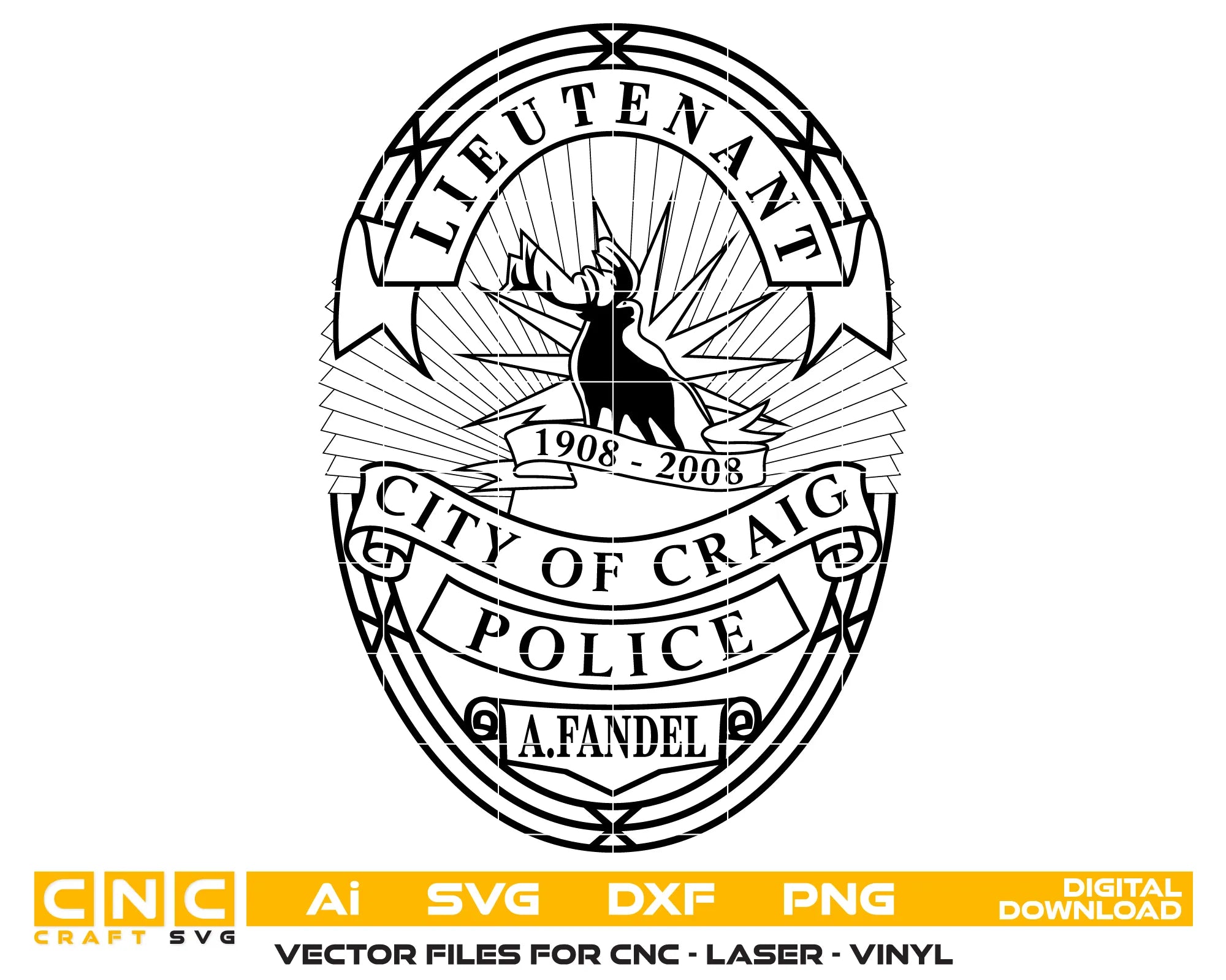 City Of Craig Police Lieutenant Badge SVG
Colorado Law Enforcement Vector
Police Oval Badge Elk Silhouette Emblem
Lieutenant Plaque Engraving File
City Of Craig Police Sign CNC File