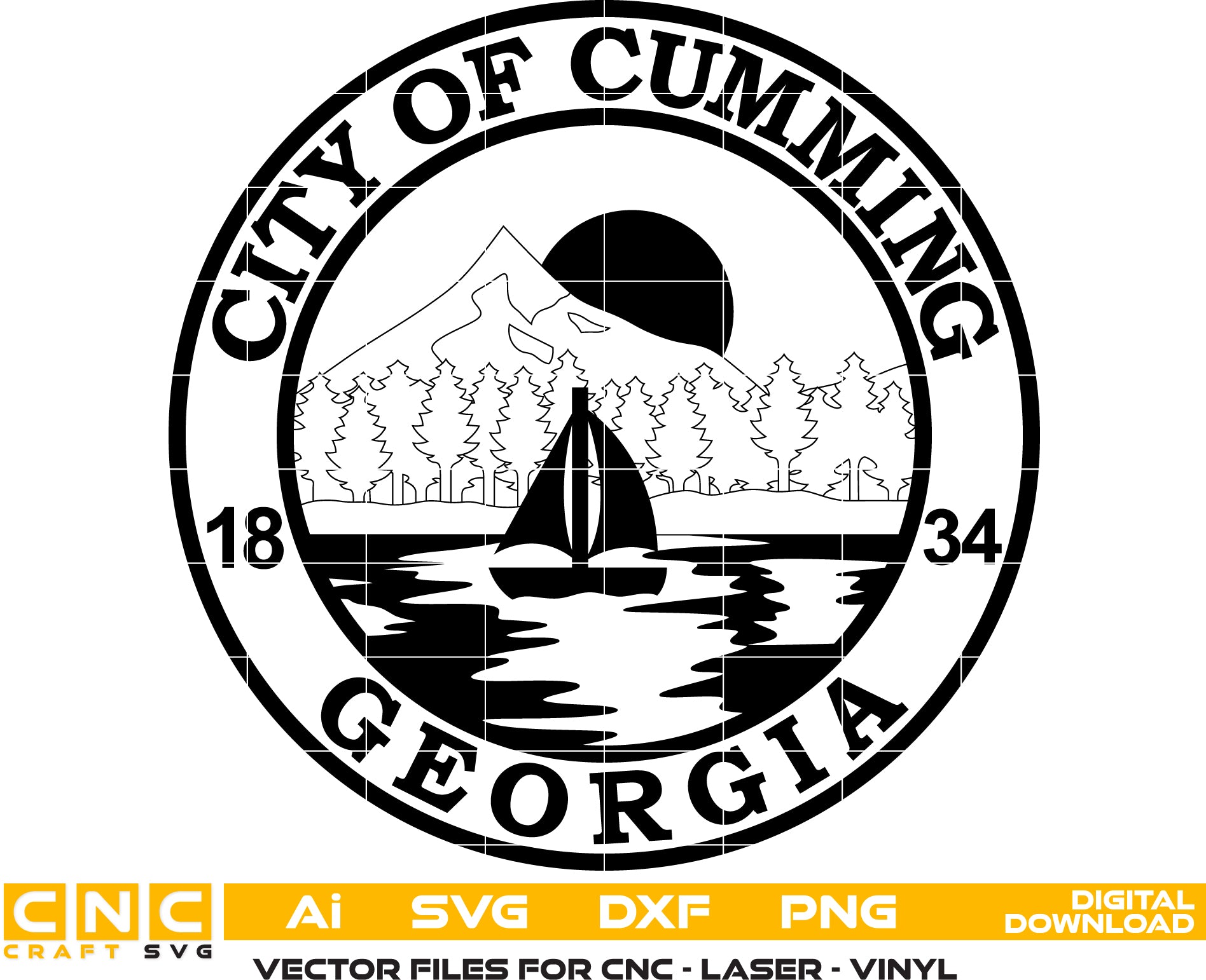 City of Cumming GA Municipal Seal SVG
Georgia Town Civic Seal Vector
Sailboat Lake Mountain Engraving File
City of Cumming 1834 Sign CNC File
Municipal Civic Logo Vector for Lasers