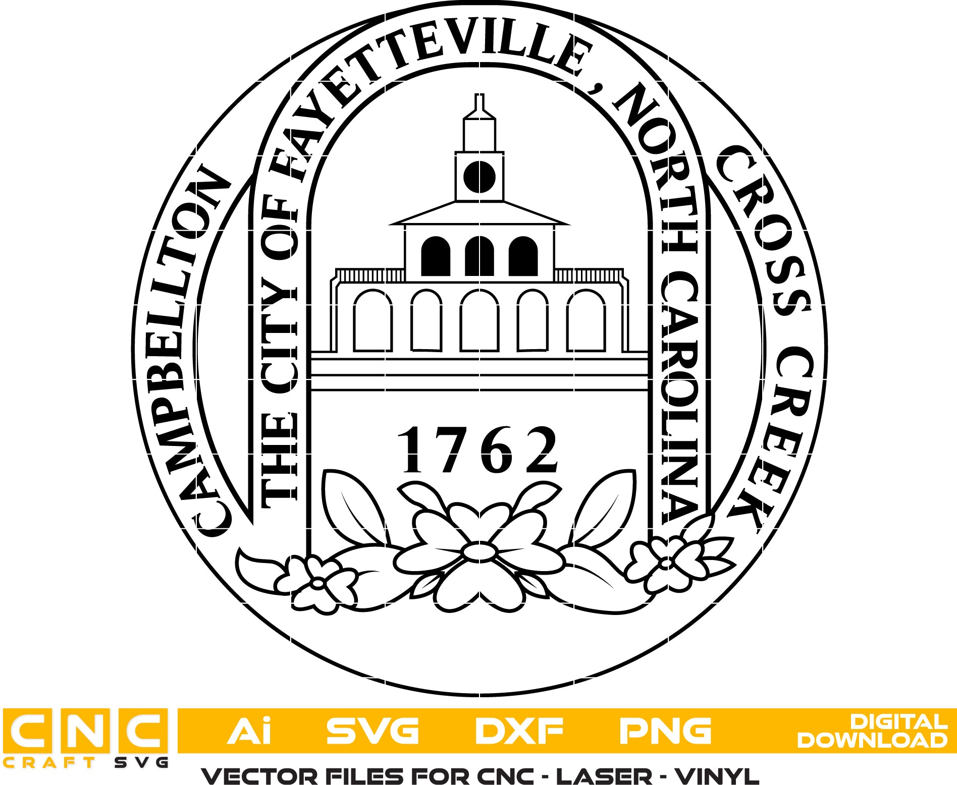 City of Fayetteville North Carolina Seal SVG
North Carolina Municipal Vector Design
Fayetteville Market House Engraving File
City Government Sign CNC File
Fayetteville City Seal Vector for Laser Cutting