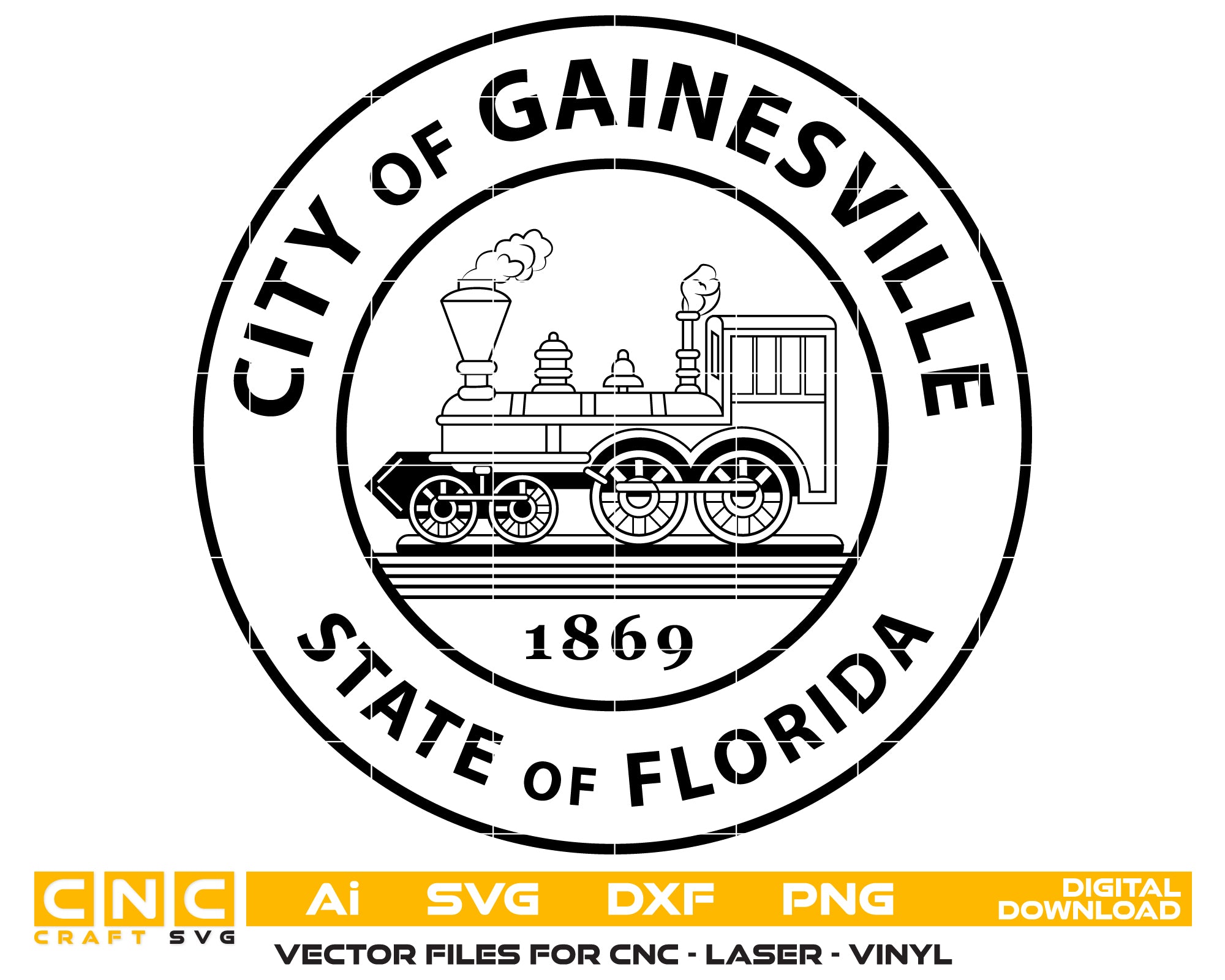 City of Gainesville Logo SVG
Florida City Seal Vector
Classic Steam Train Emblem
City Official Plaque Engraving File
Gainesville Florida Sign CNC File