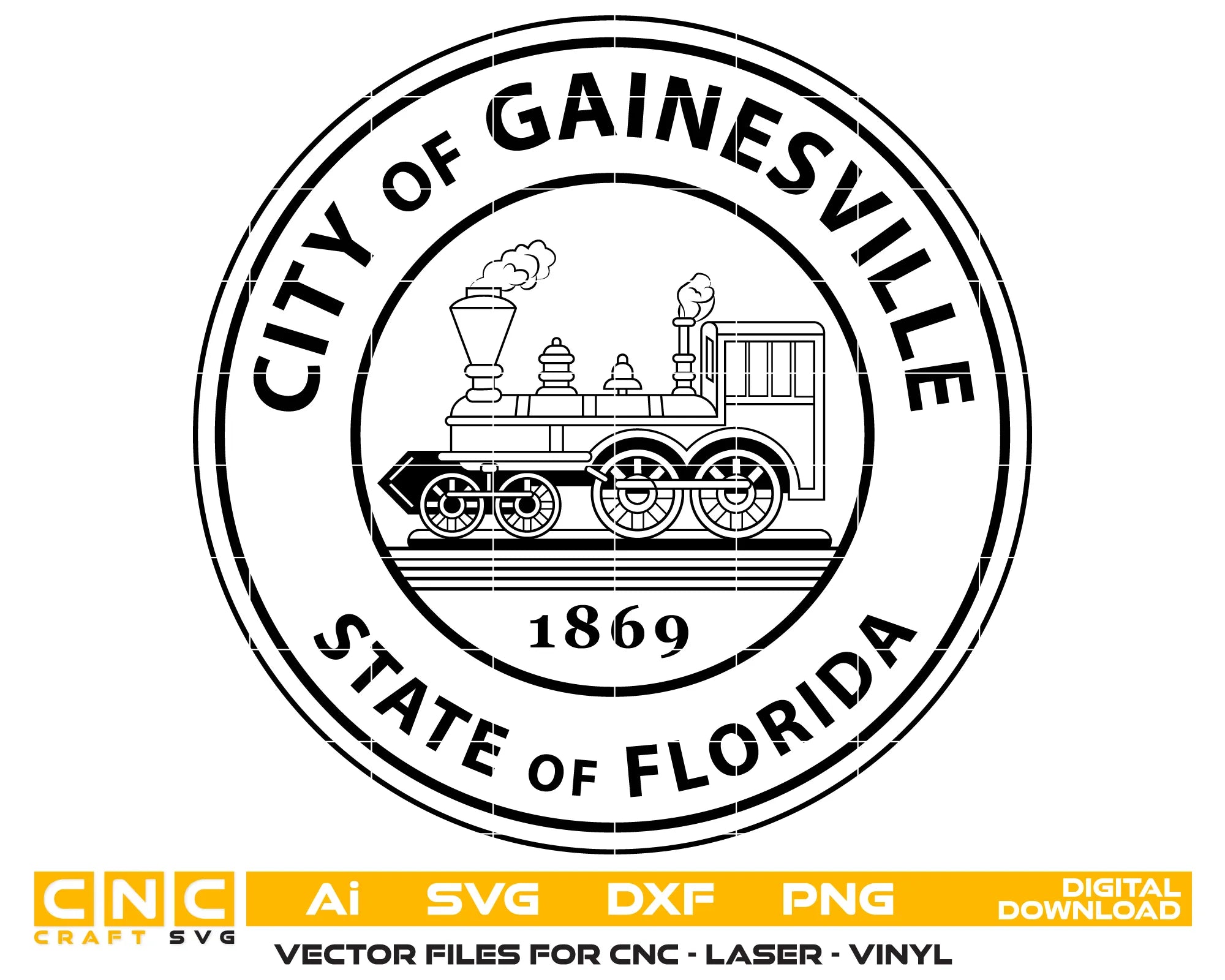 City of Gainesville Seal SVG
Florida Municipal Vector
Vintage Steam Locomotive Emblem
City Plaque Engraving File
Gainesville City Sign CNC File