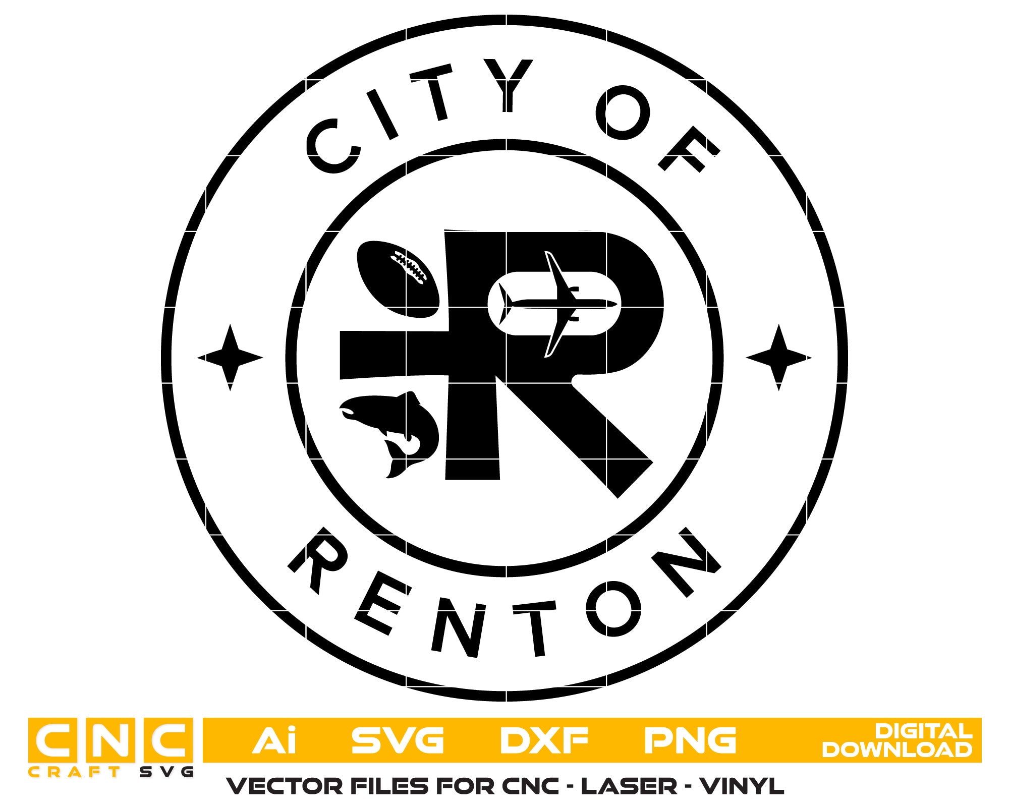 City of Renton Logo SVG
Washington City Seal Vector
Renton R Airplane Football Emblem
City Official Plaque Engraving File
City of Renton Sign CNC File