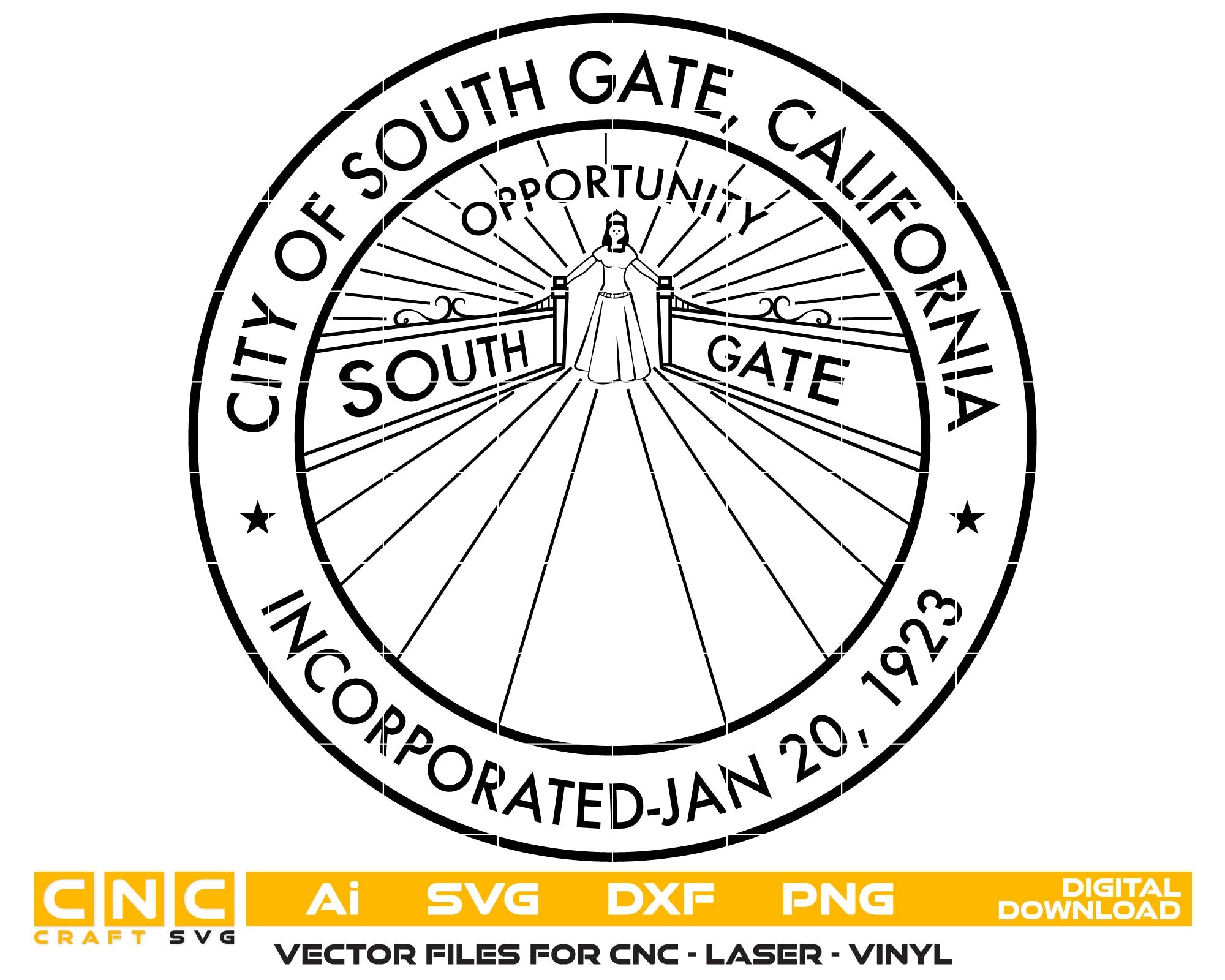 City of South Gate Seal SVG
California Municipal Emblem Vector
South Gate City Logo File
Civic Plaque Engraving Design
South Gate Seal CNC Vector File