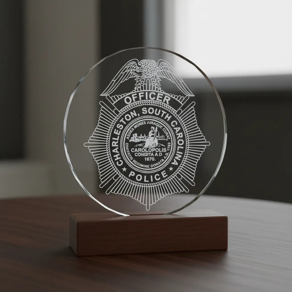 Charleston Police Officer Badge SVG
South Carolina Law Enforcement Vector Design
Eagle Sunburst Police Badge Engraving File
Charleston SC Police Sign CNC File
Historic City Seal Badge Vector for Laser Cutting