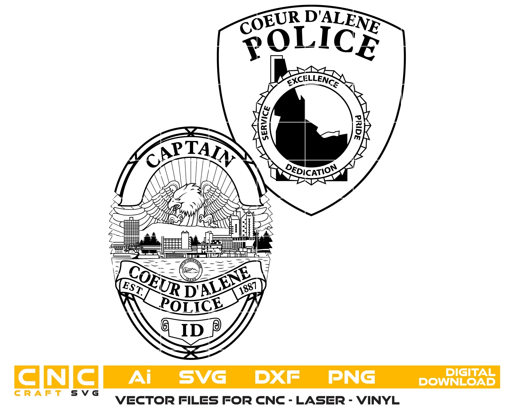 Coeur D'Alene Police Badge SVG
Idaho Law Enforcement Vector
Police Badge Skyline Eagle Emblem
Captain Plaque Engraving File
Coeur D'Alene Police Sign CNC File