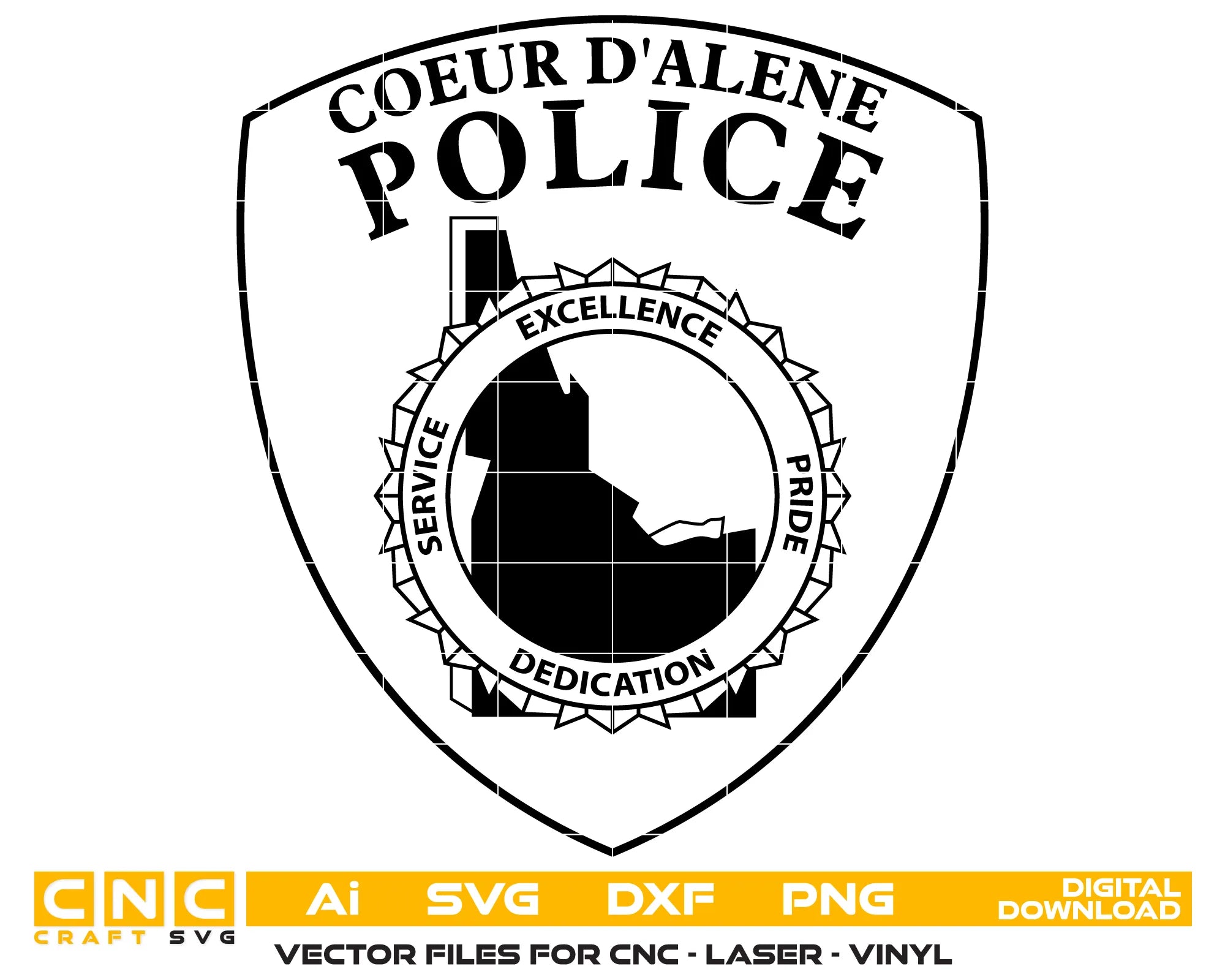 Coeur D'Alene Police Patch SVG
Idaho Law Enforcement Vector
Police Shield State Outline Emblem
Officer Plaque Engraving File
Coeur D'Alene Police Sign CNC File