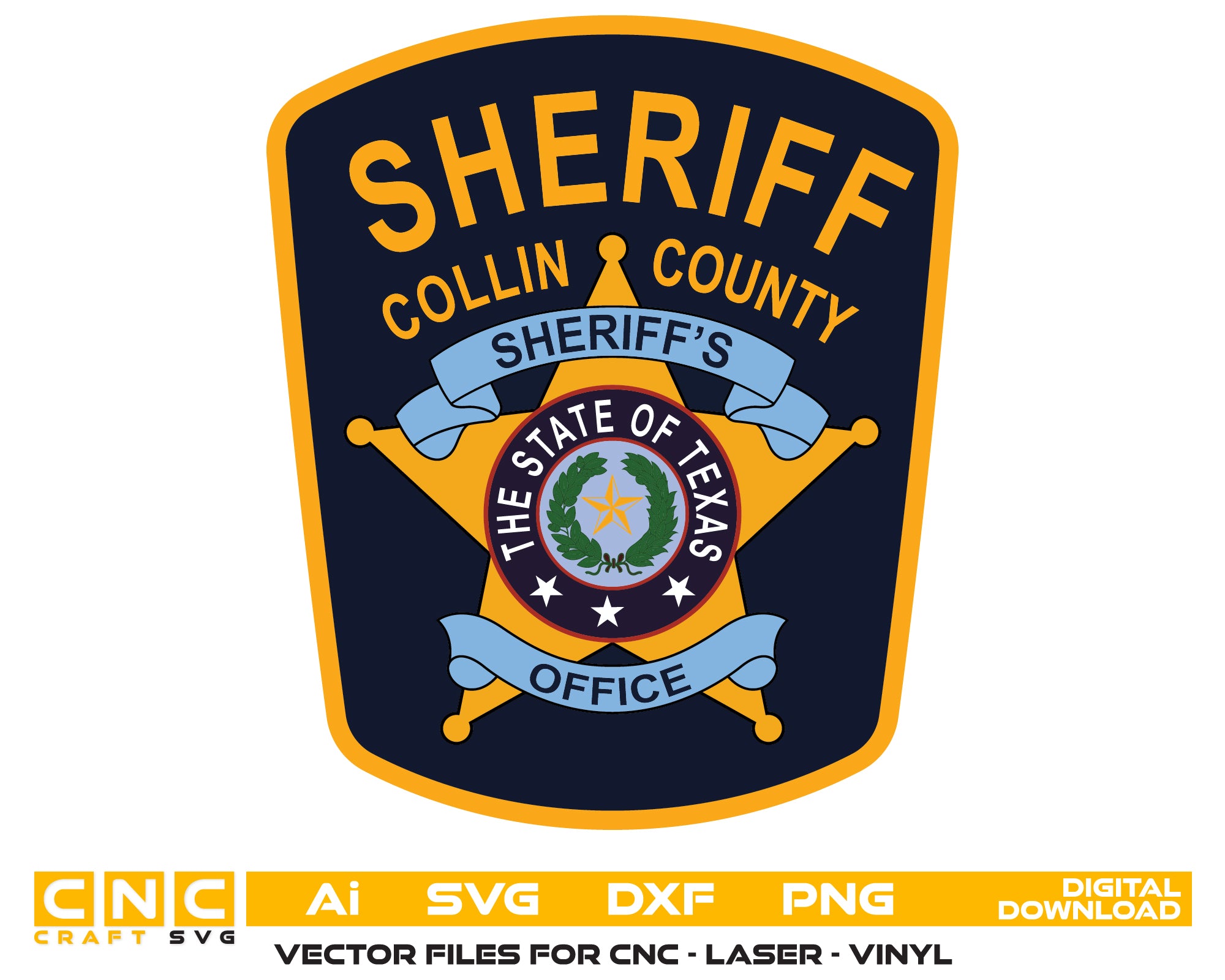 Collin County Sheriff Patch SVG
Texas Law Enforcement Vector Design
Sheriff Office Patch Engraving File
Collin County Sign CNC File
Texas Sheriff Badge Vector for Laser