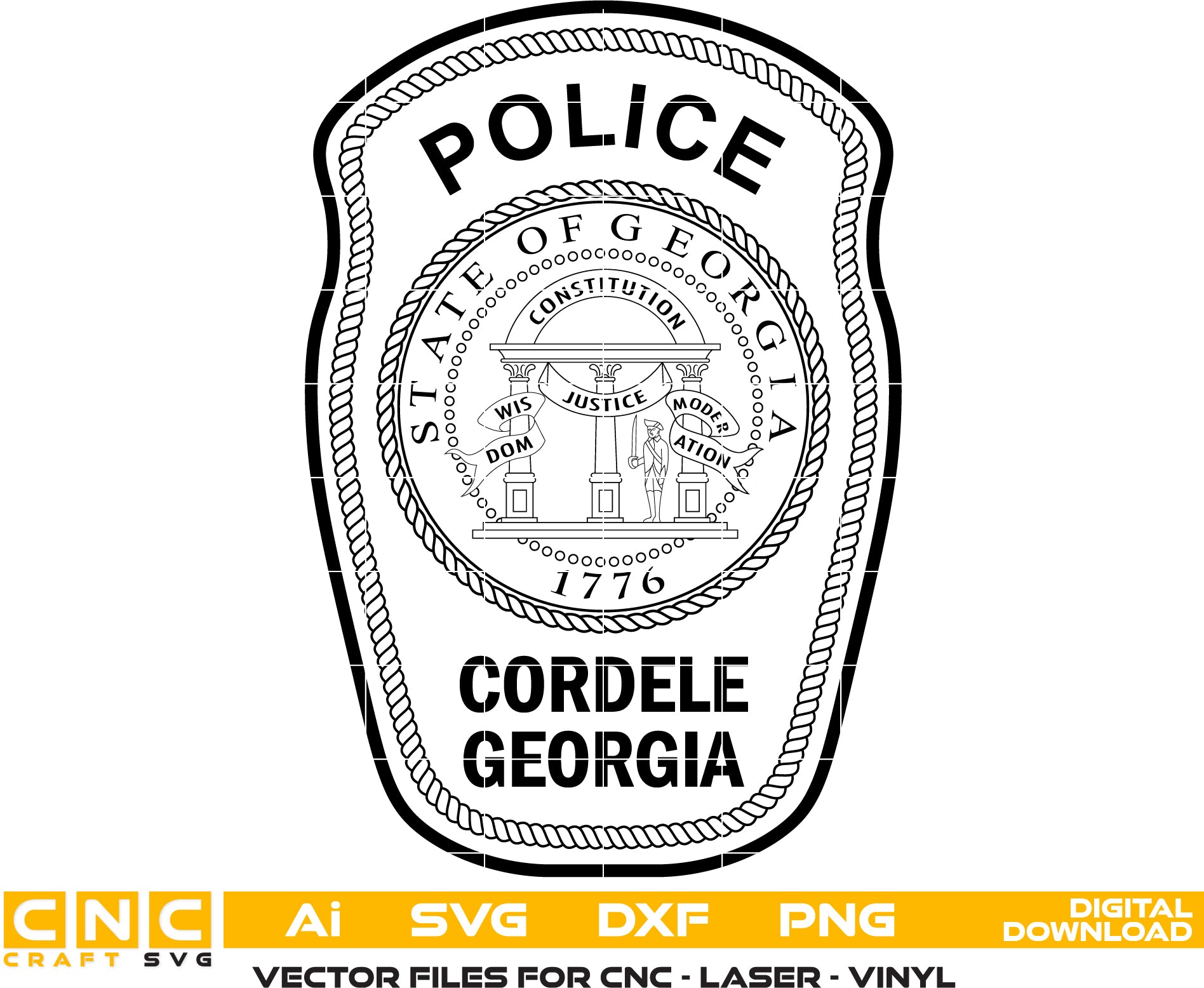 Cordele Police Department Patch SVG
Georgia Law Enforcement Vector Design
State of Georgia Seal Engraving File
Cordele GA Police Sign CNC File
Rope Border Police Patch Vector for Lasers