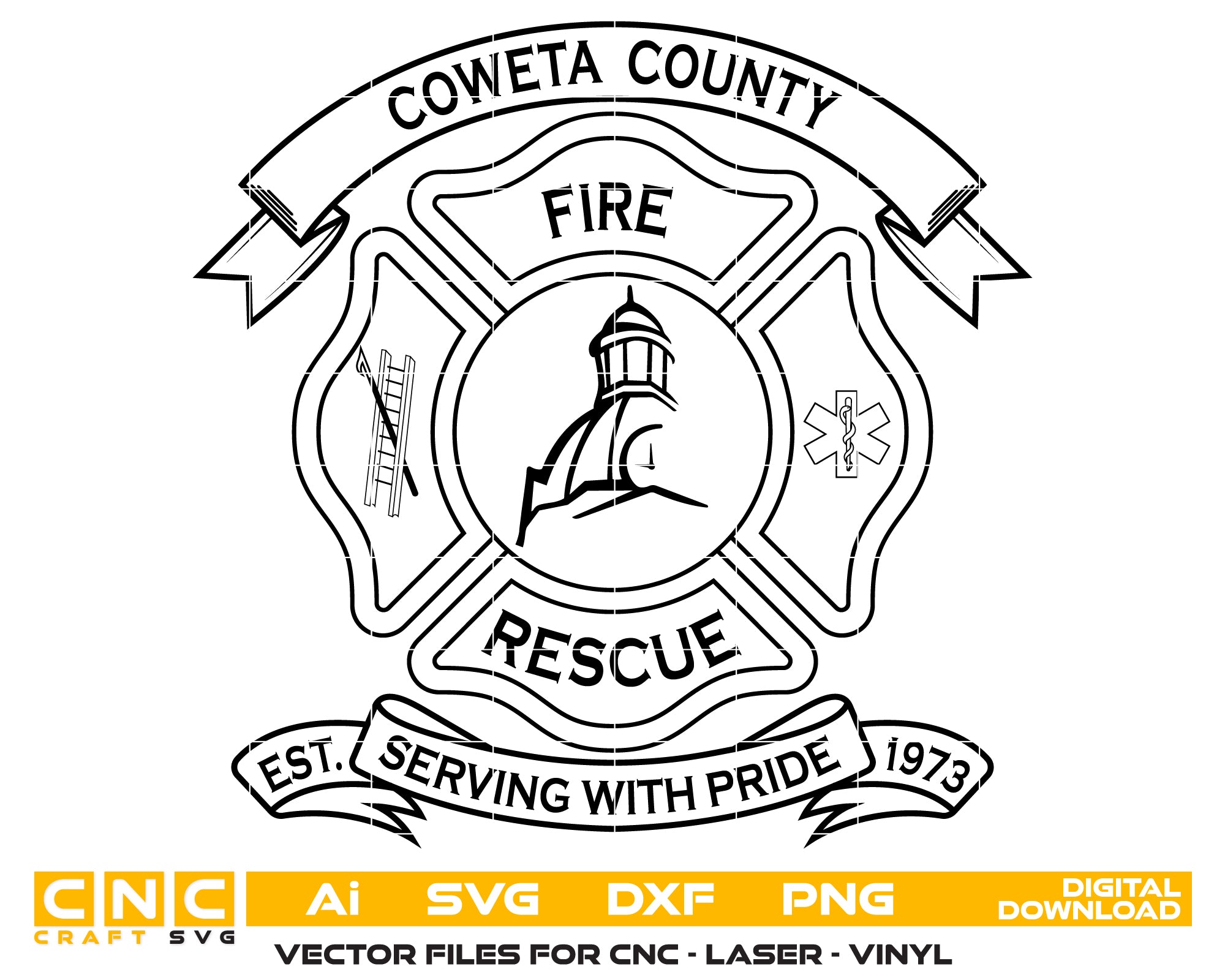 Coweta County Fire Rescue Badge SVG
Georgia Fire Department Vector
Maltese Cross Fire EMS Emblem
Firefighter Plaque Engraving File
Coweta County Fire Sign CNC File
