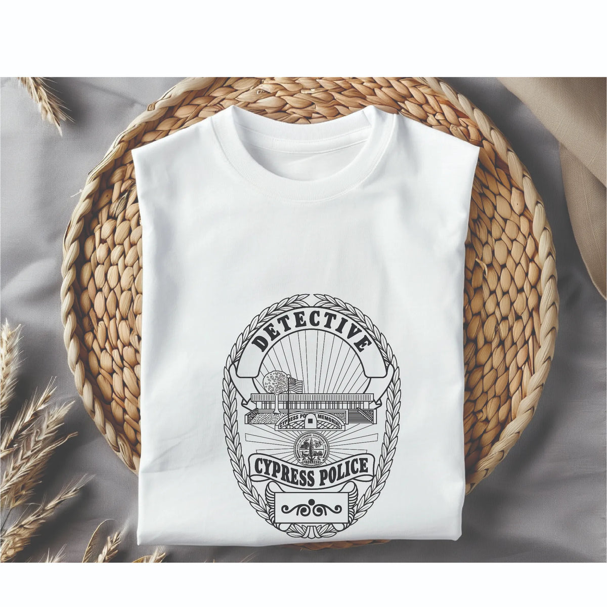 A folded white T-shirt with a black-and-white 'Detective Cyprus Police' crest graphic, displayed on a round woven straw mat over a gray fabric background with dried grass accents.