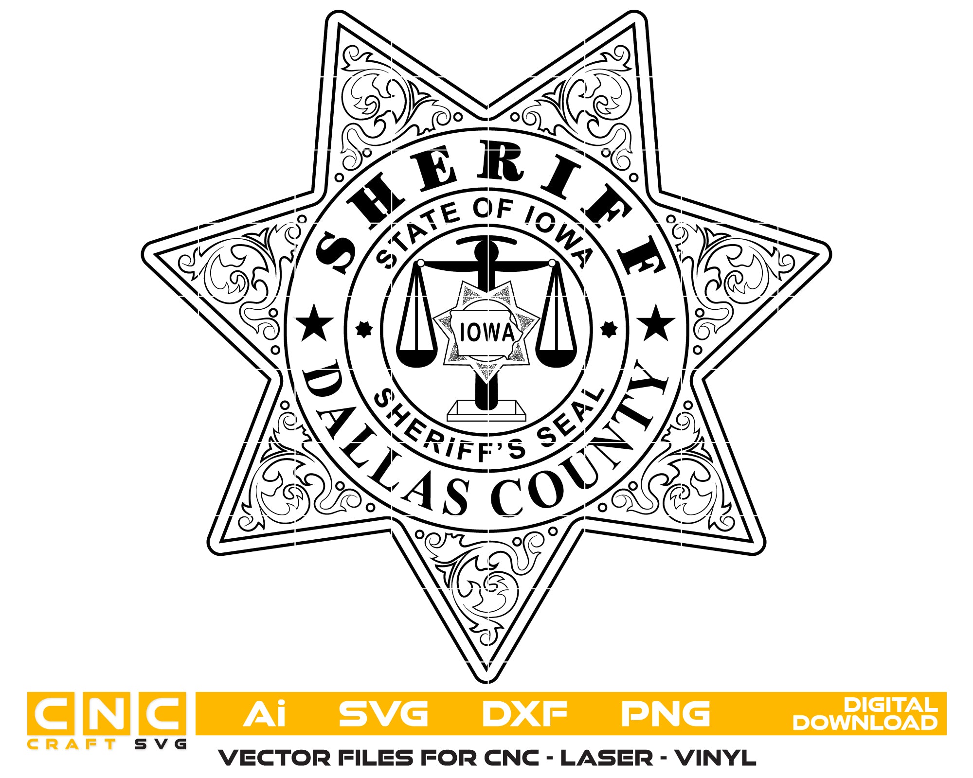 Dallas County Sheriff Badge SVG
Iowa Law Enforcement Vector
6-Point Star Scales of Justice Emblem
Deputy Plaque Engraving File
Dallas County Sheriff Sign CNC File