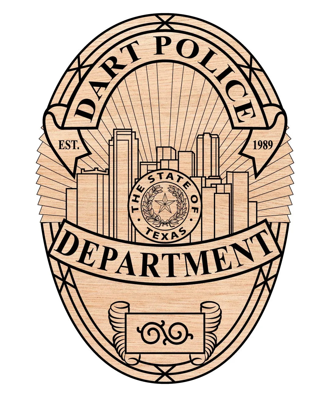 A laser-engraved wooden Dart Police Department badge featuring a city skyline, the Texas state seal, and 'EST. 1989' on a plain white background.