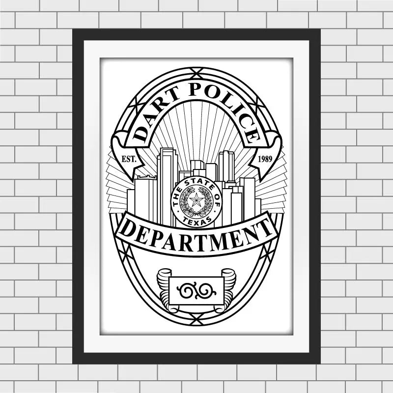 A framed black and white art print featuring the Texas State Department of Justice and Texas DPS Dart Police seal, mounted on a white brick wall.