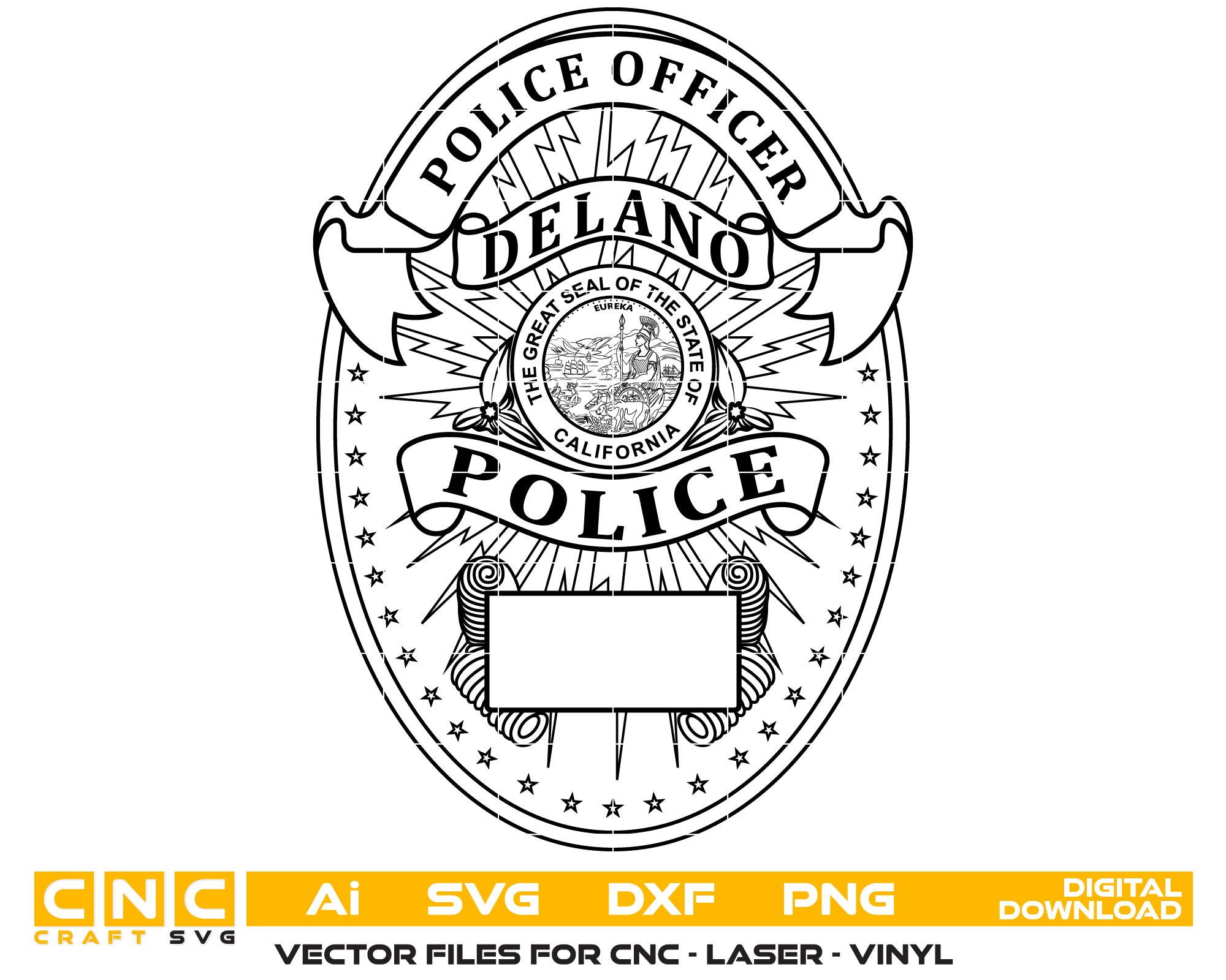 Delano California Police Badge SVG, Delano Police Badge Vector, California Police Badge SVG, Law Enforcement Badge Emblem, Police Shield Vector, Badge Engraving File
