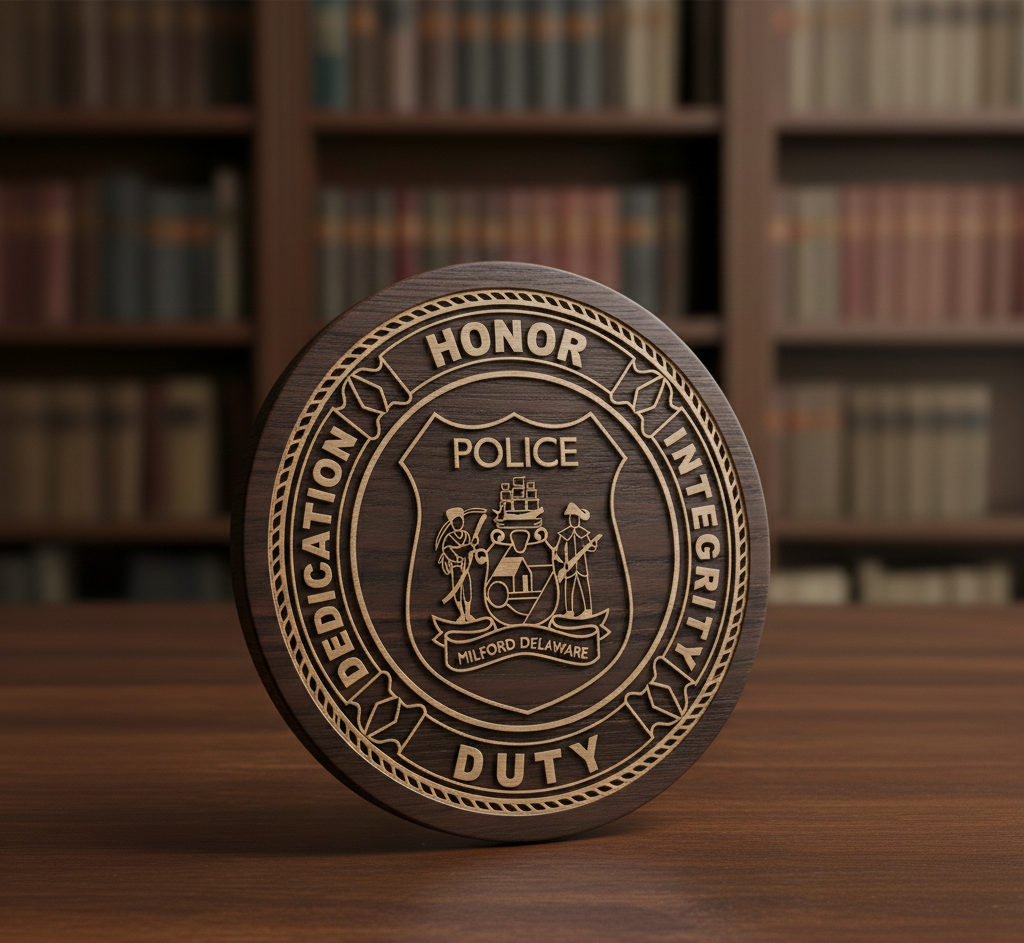 Milford Police Department Badge SVG
Delaware Law Enforcement Vector Design
State of Delaware Coat of Arms Police Emblem
Circular Police Shield Engraving File
Milford DE Police Sign CNC File